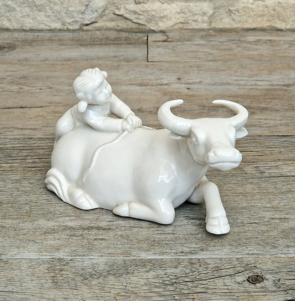 Vintage Chinese Blanc De Chine Porcelain Figurine Girl Riding Water Buffalo Ox Ceramic Home Ornament