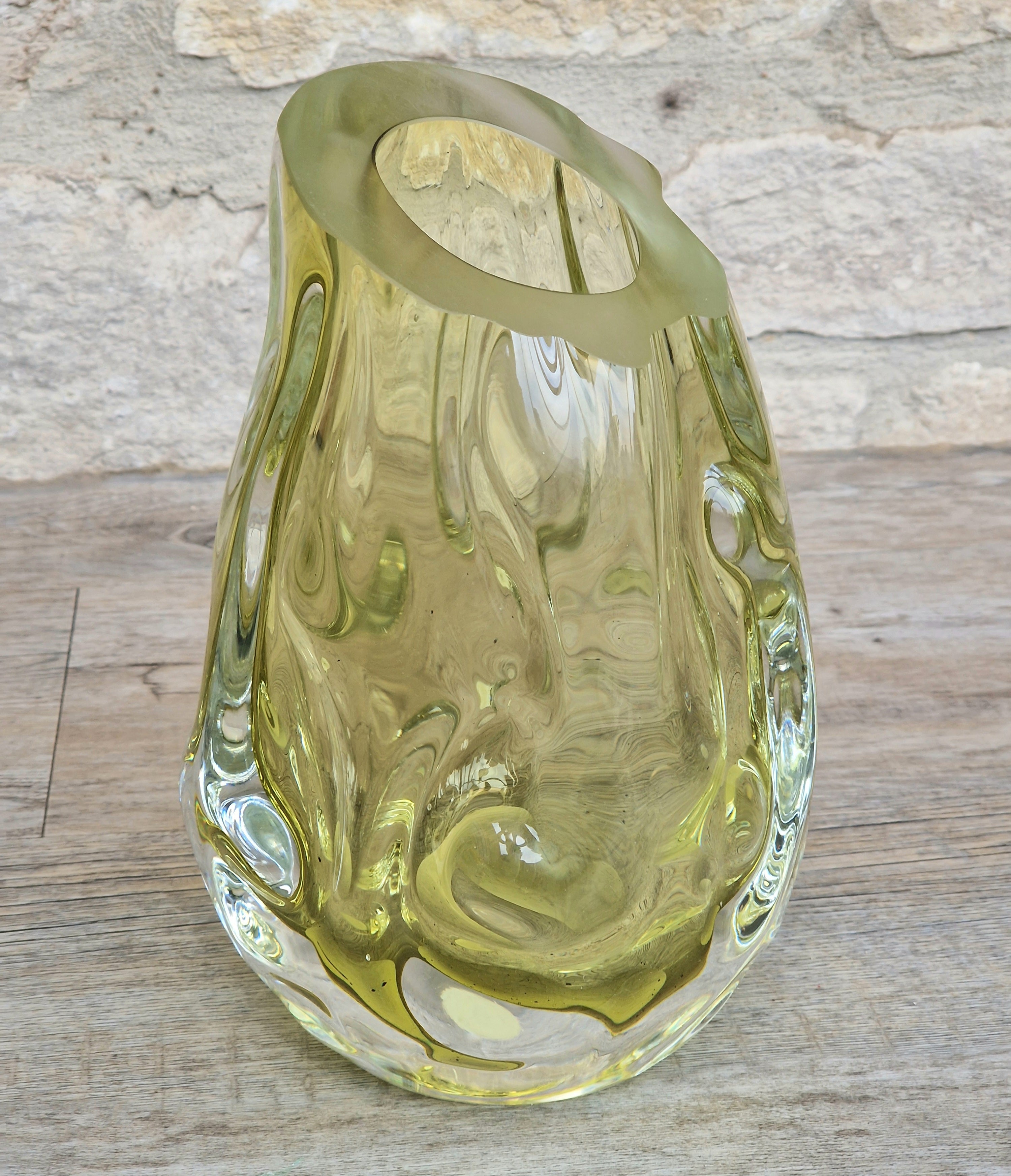 Murano Burri Glass Asymetrical Vase Light Olive Green Heavy Textured Vintage
