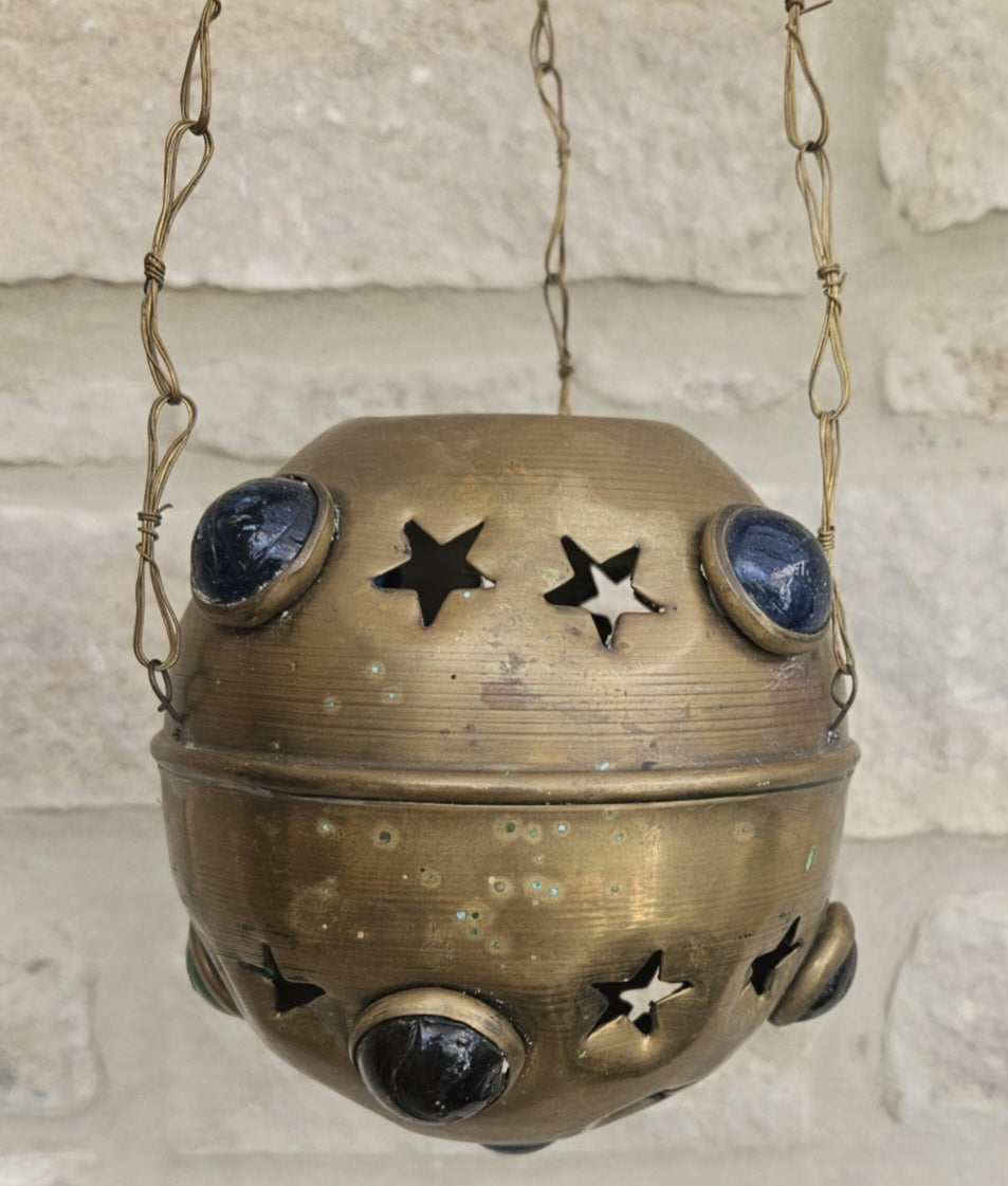 Vintage Pierced Brass Hanging Lantern with cabouchon verdigris Bohemian Moroccan