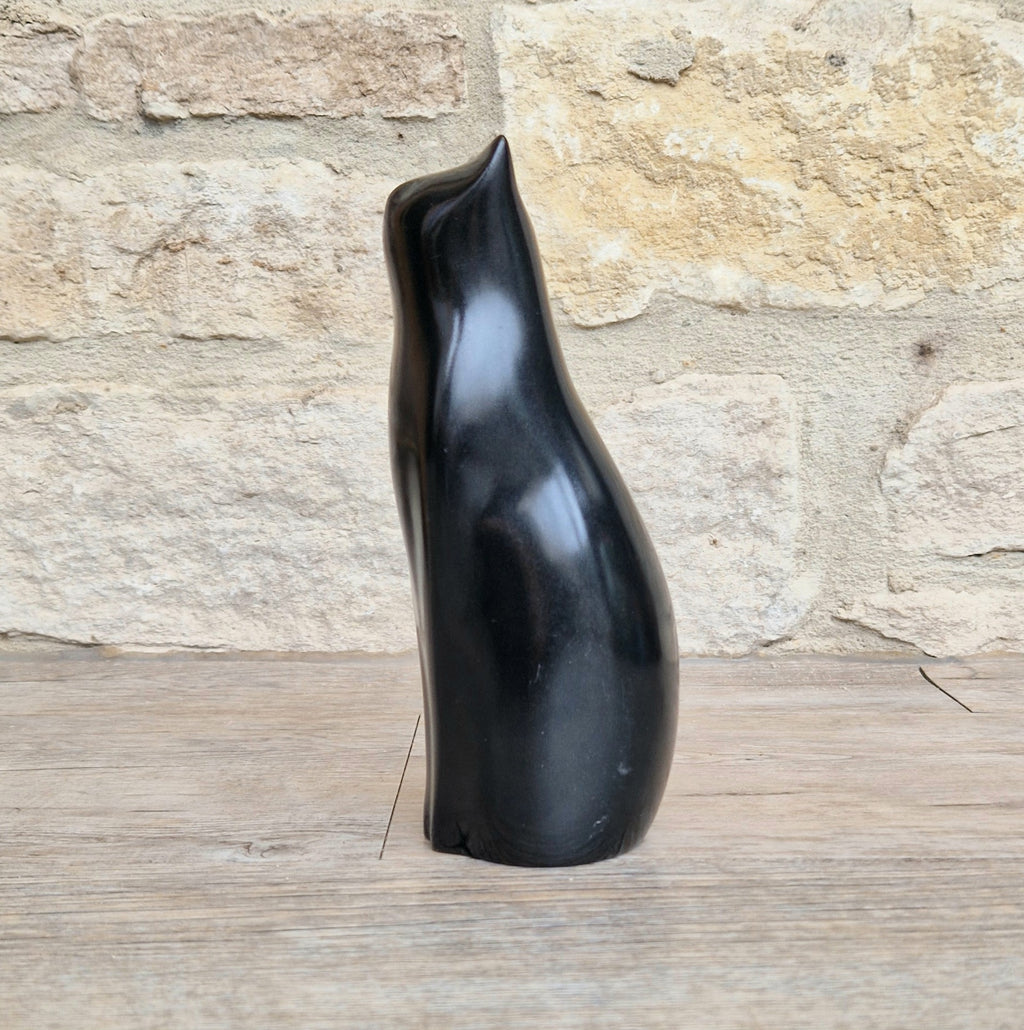 Perry Lancaster Sitting Cat Sculpture – Gloss Black Resin Figurine,Mid Century Decor 17cm
