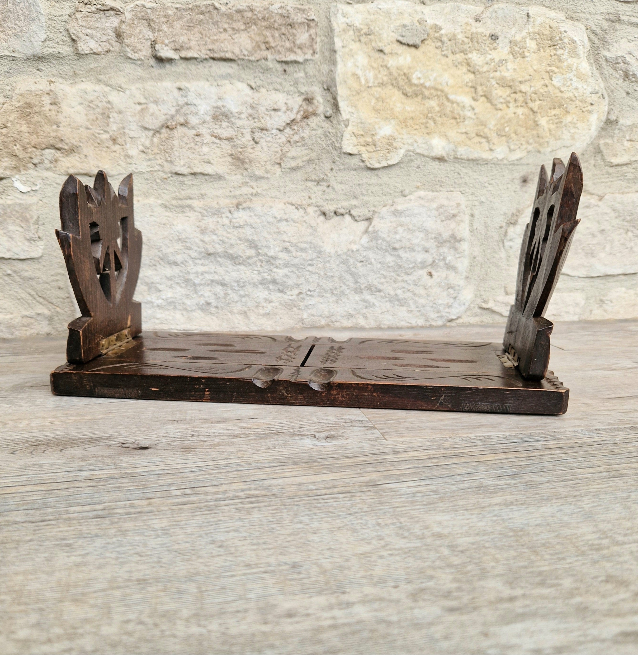 Antique Black Forest Carved Bookslide Continental Fruitwood Extending Book Shelf Rest c.1910