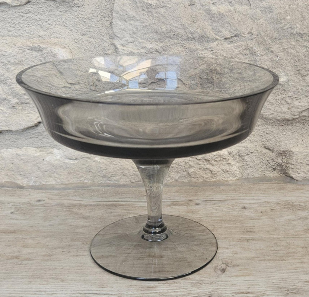 Midcentury Small Glass Compote Tazza By Wedgwood Smoky Glass Made in England Stamped
