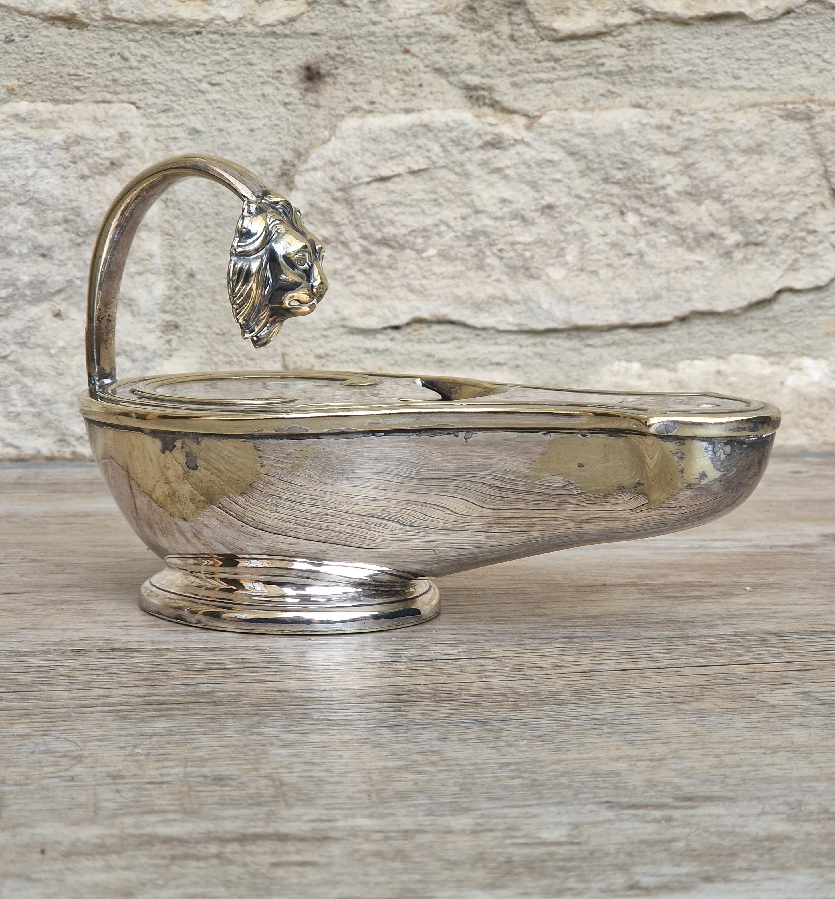 Antique Victorian Silver Plated Spoon Warmer Brass Oil Lamp Style Lion Mask Handle