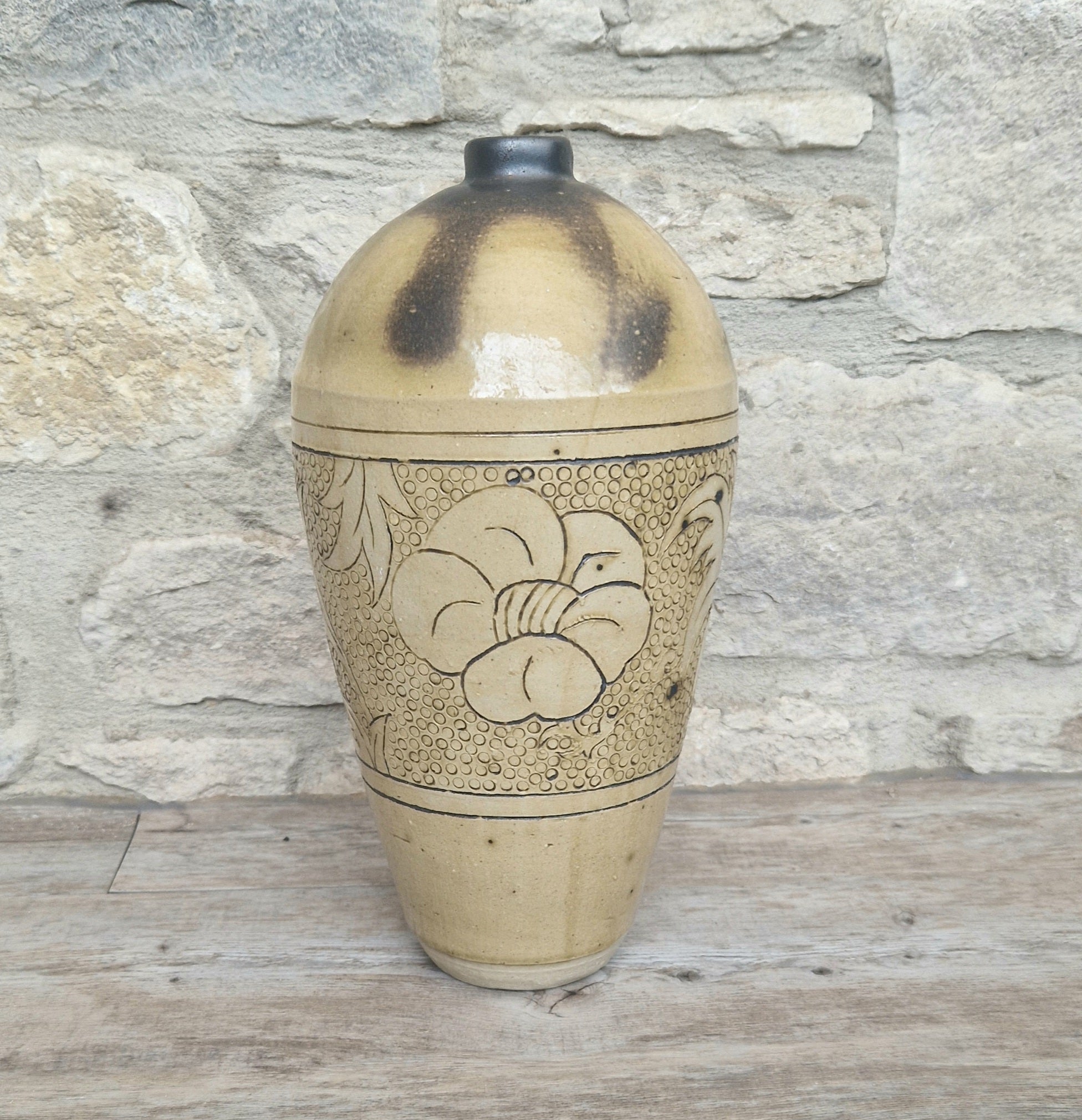 Large Chinese Cizhou Ware Meiping Style Stoneware Vase With Incised Floral Motif Design