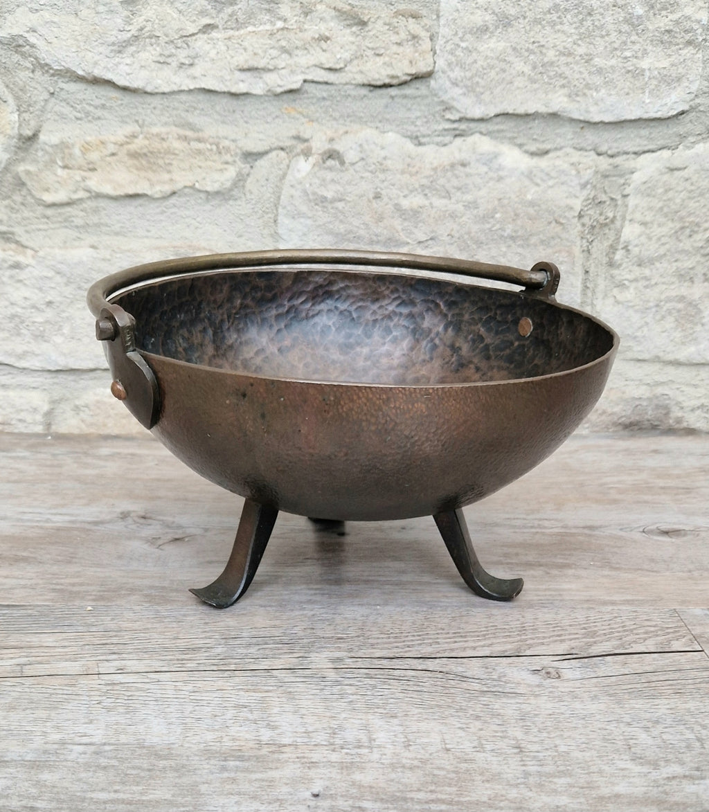 Antique Arts & Crafts Hand Beaten Solid Copper Brass Handled Tri-Foot Planter Bowl c.1890-1900's
