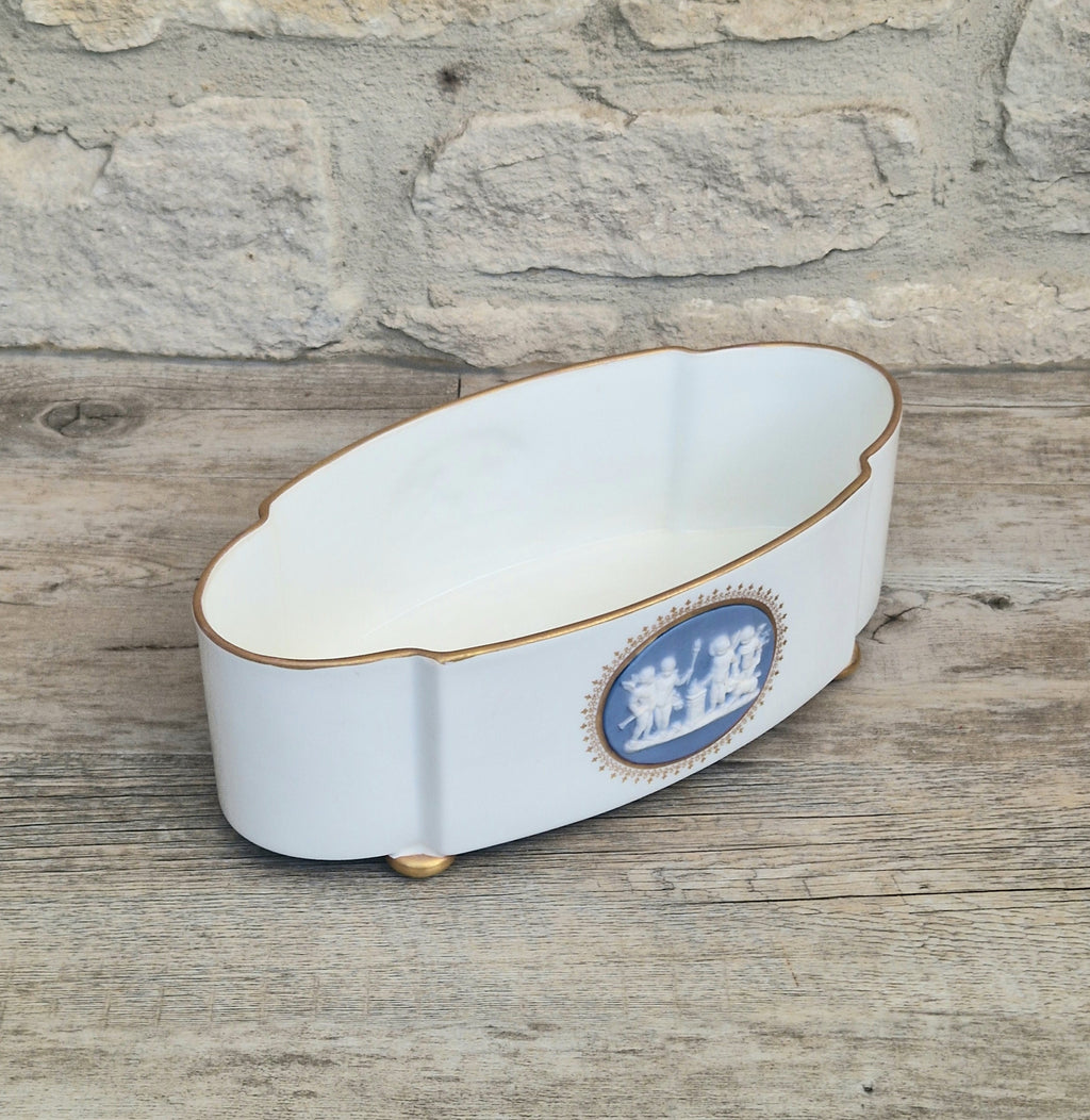 Vintage Vista Alegre Footed Centerpiece, White and Gold Porcelain Scalloped Planter Bowl Blue Jasperware Cherub Cameo