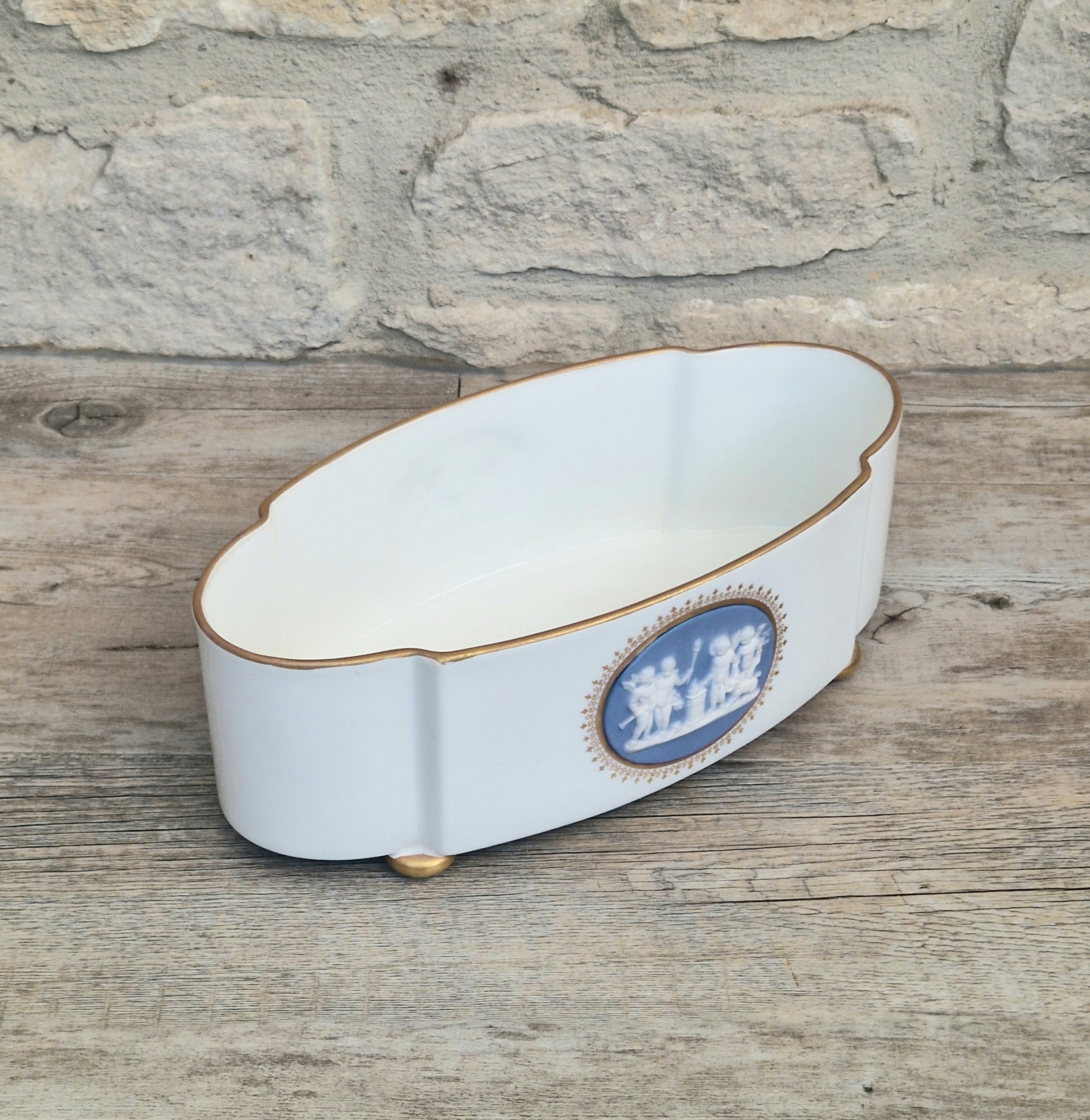 Vintage Vista Alegre Footed Centerpiece, White and Gold Porcelain Scalloped Planter Bowl Blue Jasperware Cherub Cameo