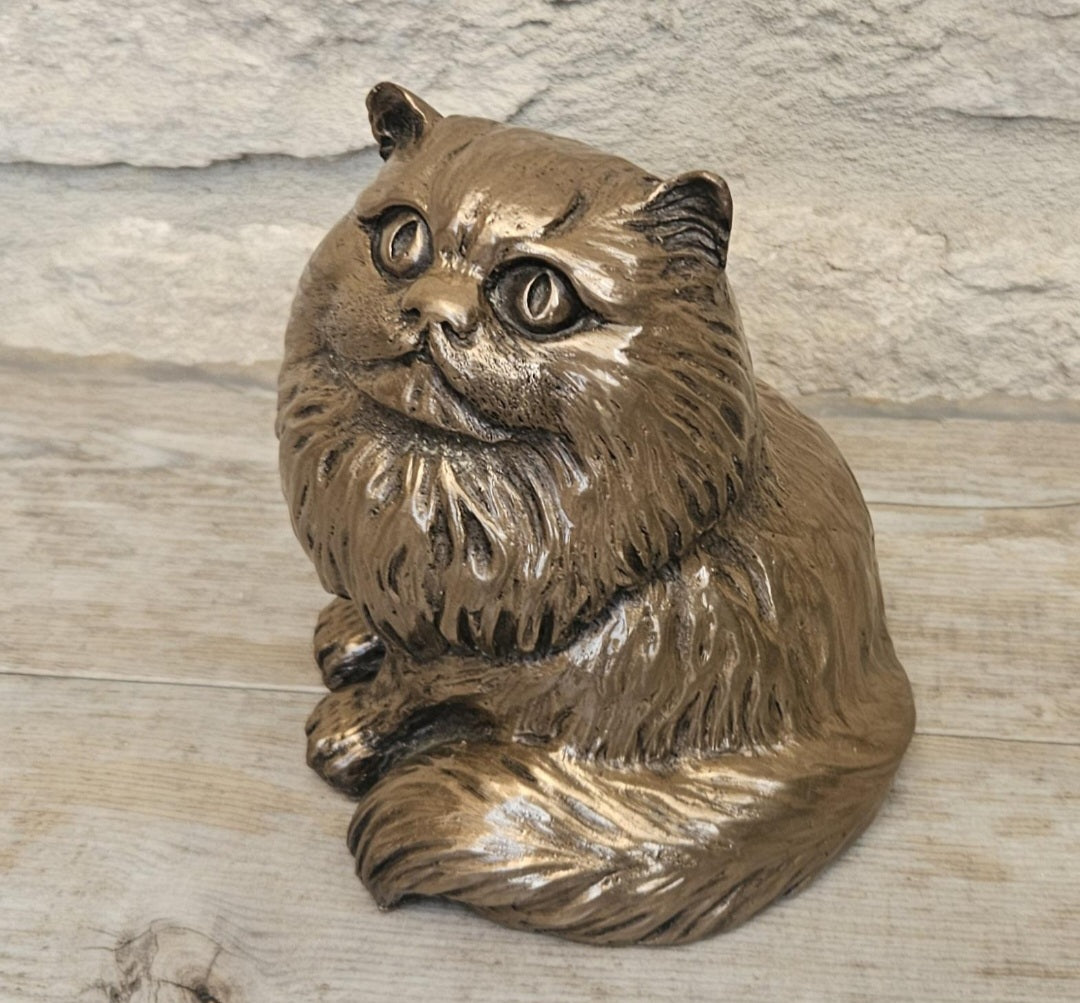 Vintage Heavy Sitting Fat Cat Figure Sculpture Cold Cast Bronze-Resin Signed 11cm Tall