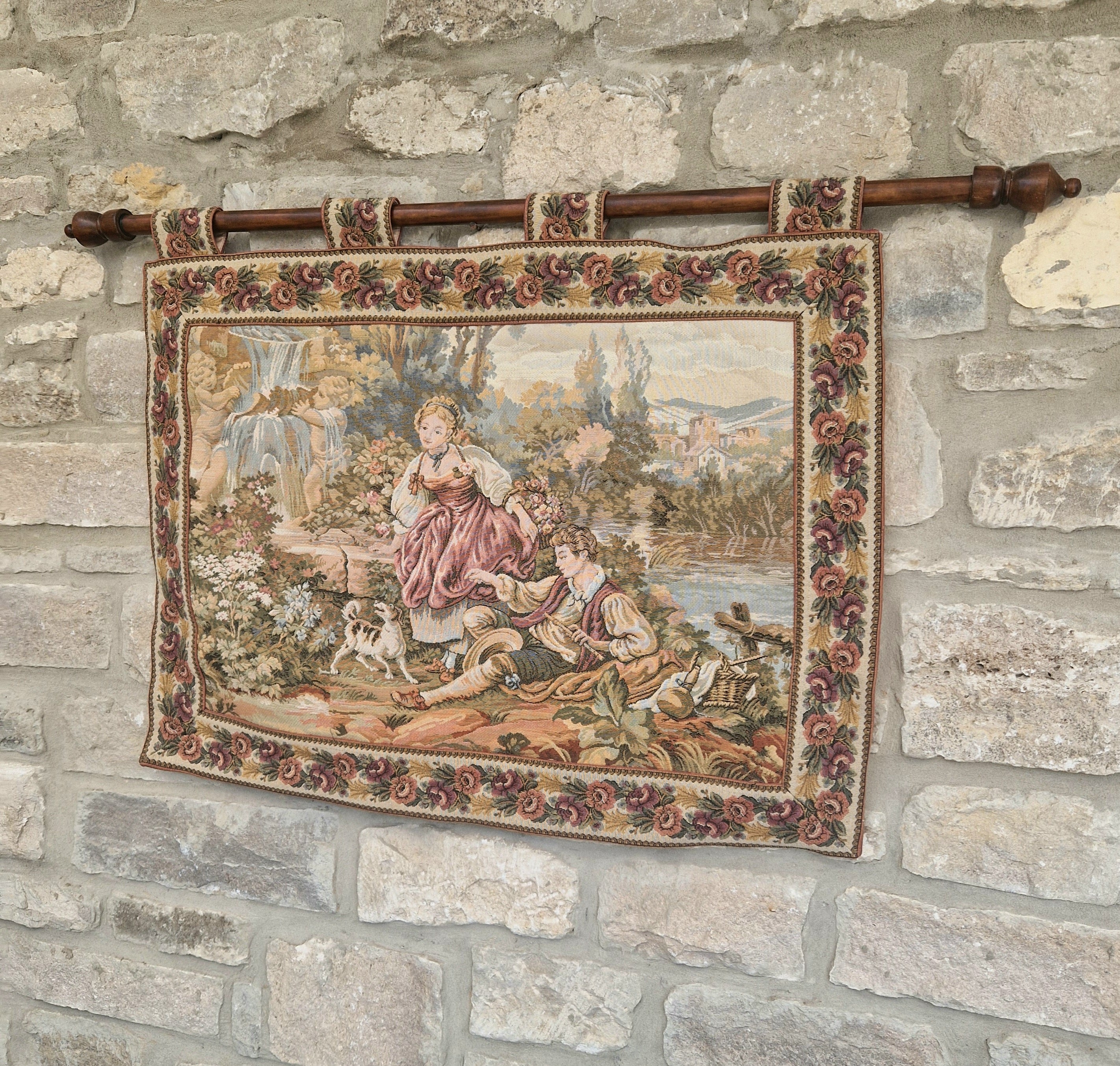 Vintage French Jaquard Pastoral Tapestry Wall Hanging Mounted on Oak Finialled Pole Linned & Finished in England 86cm x 62cm