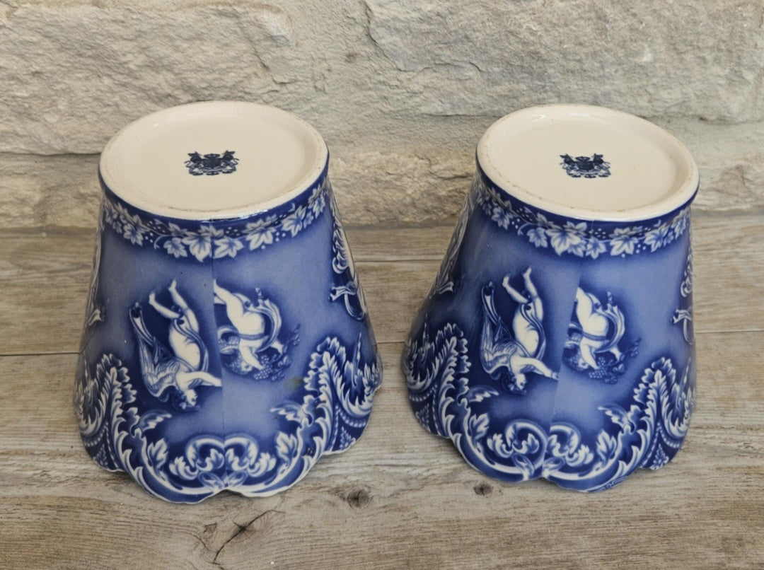 Vintage Pair Cache Pots Planters Blue & White Neoclassical Scalloped Edge Staffordshire Pottery England