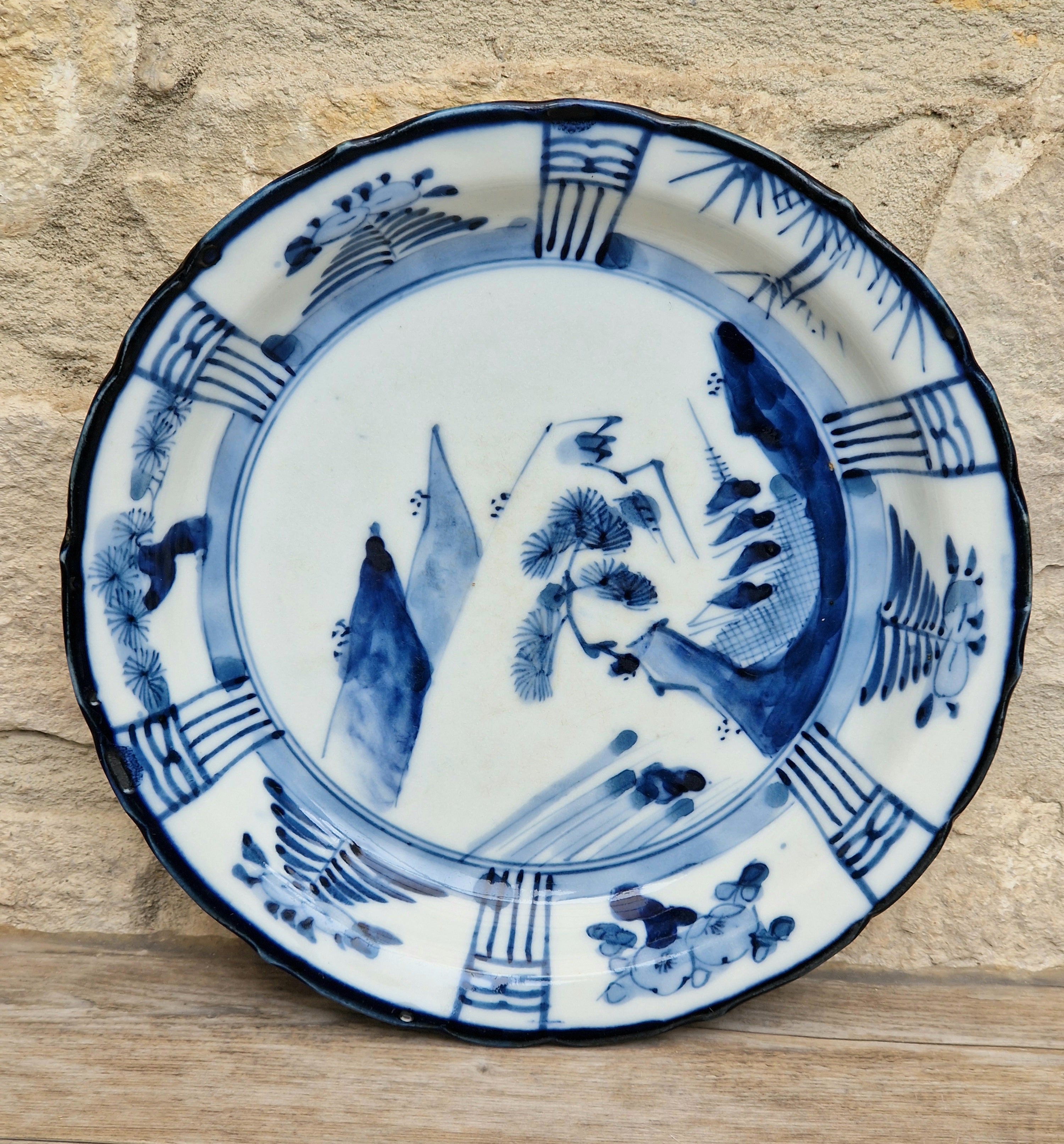Japanese Ceramic Namasu-Zara Dish Blue & White Arita Edo 'Scholar's Retreat' Kraak Style Rare Antique
