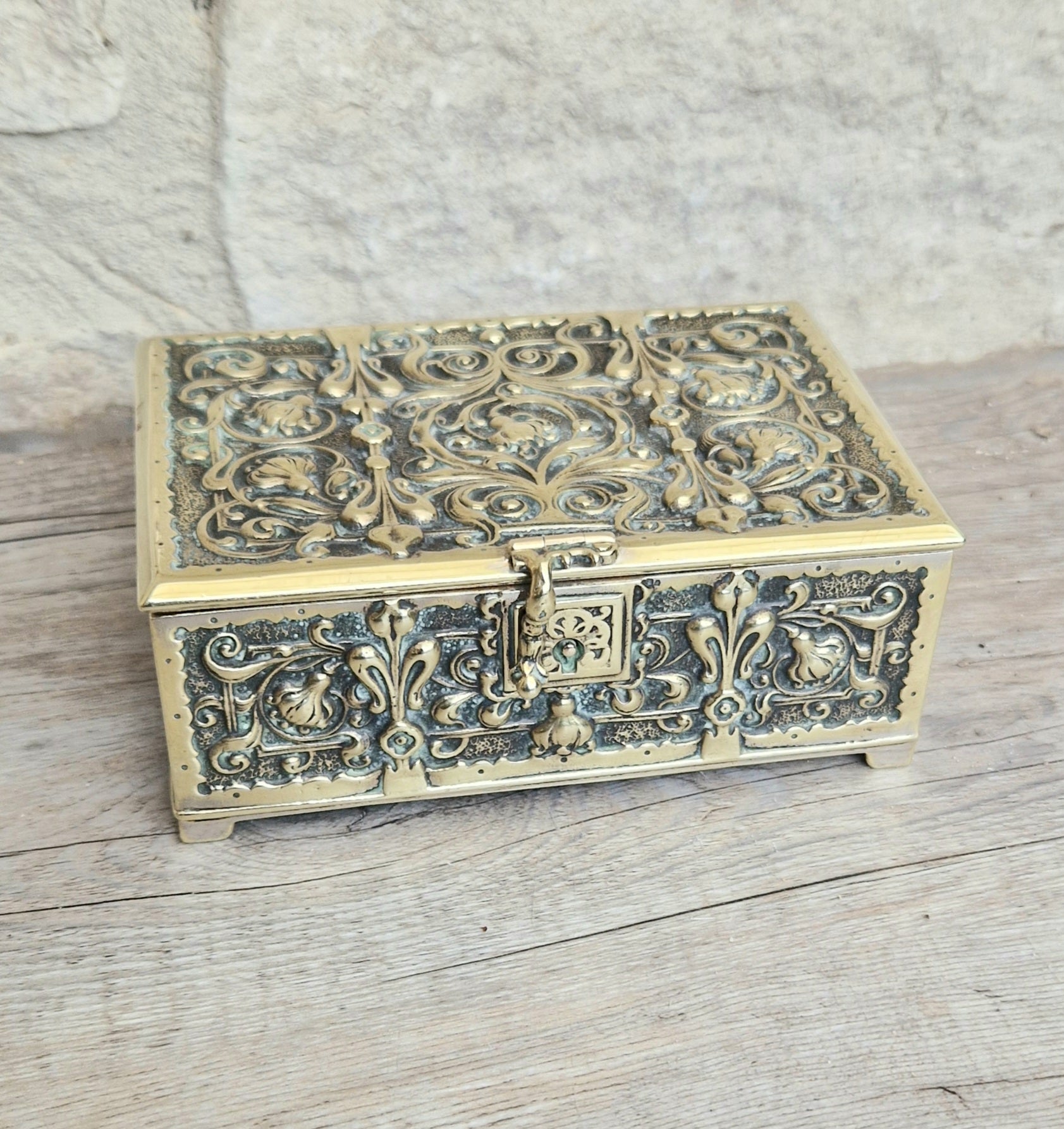 Antique Erhard & Söhne Silvered Brass High Relief Rapousse Renaissance Revival Clasp Casket Box