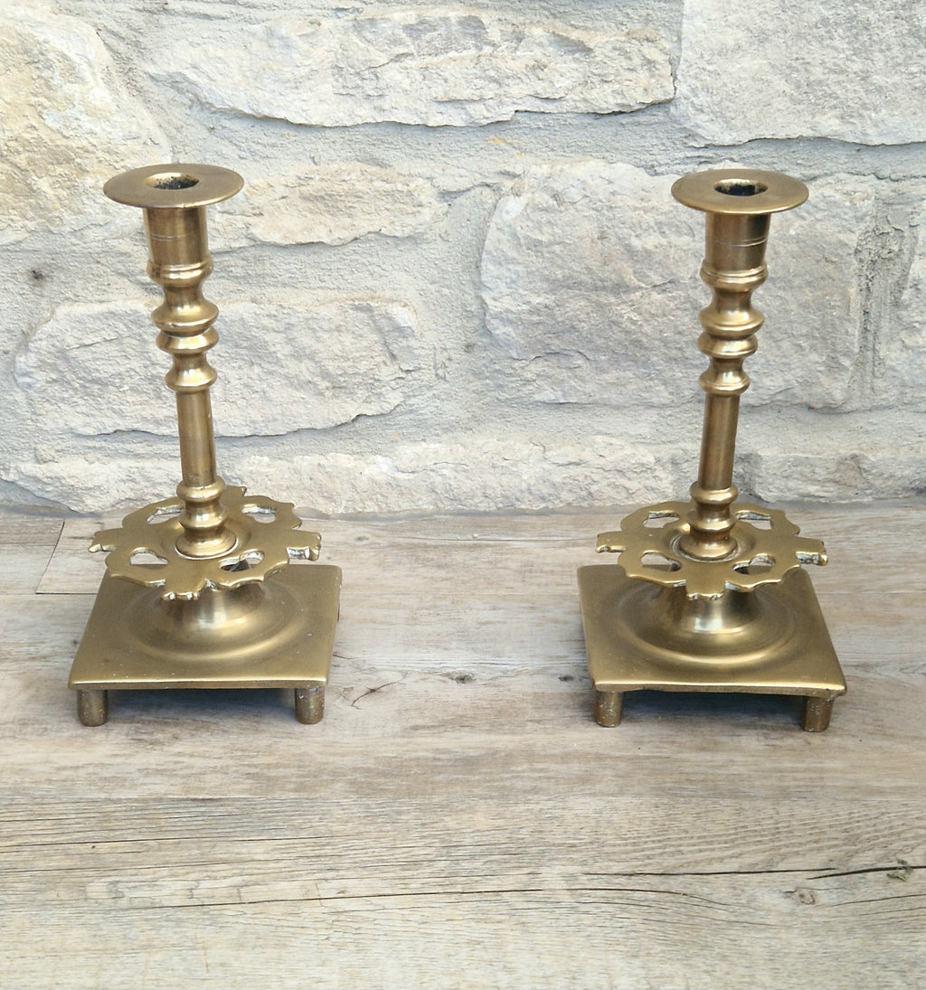 18th Century Solid Turned Brass Russian Sabbat Candle Holder Sticks Very Rare