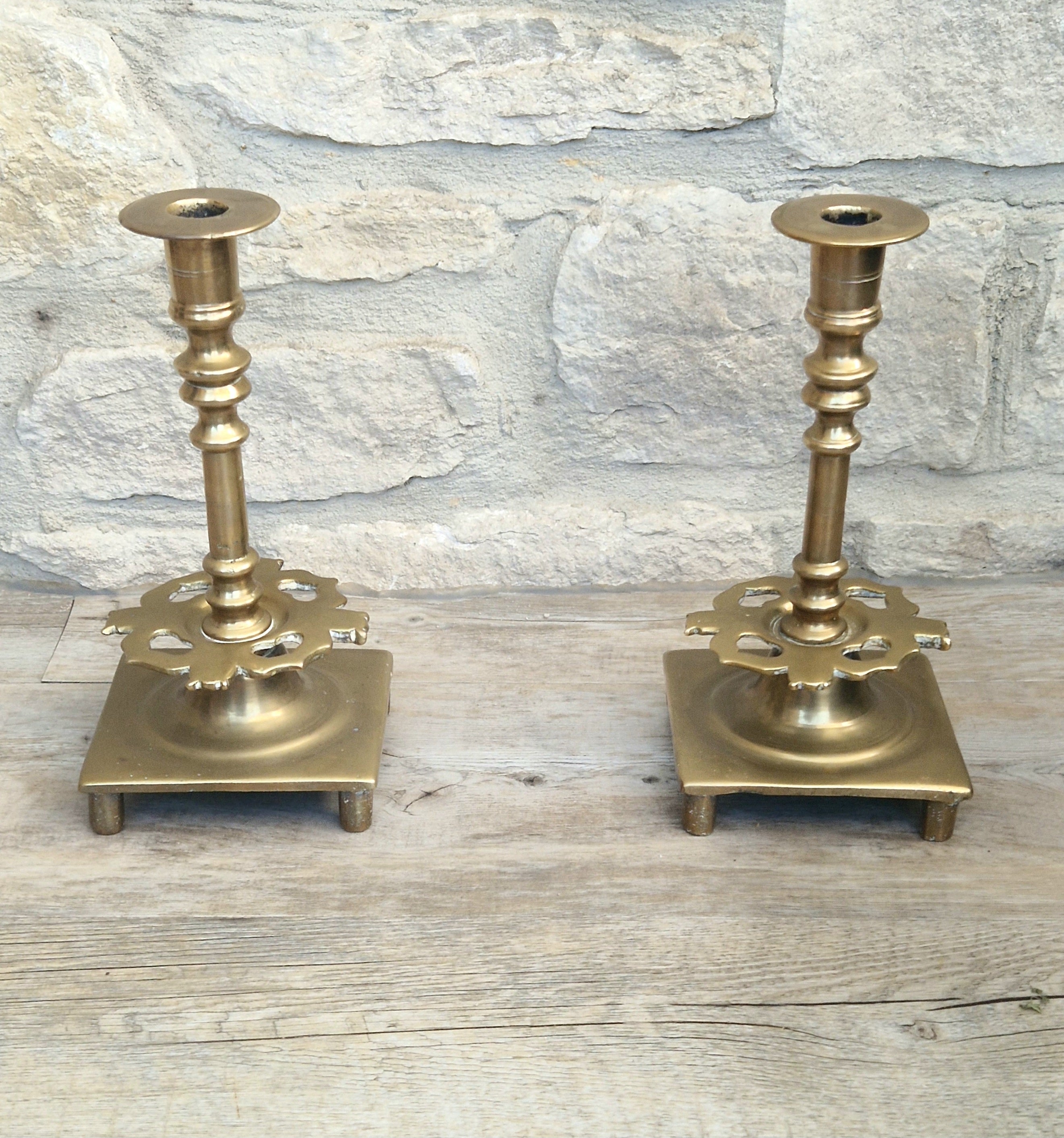 18th Century Solid Turned Brass Russian Sabbat Candle Holder Sticks Very Rare