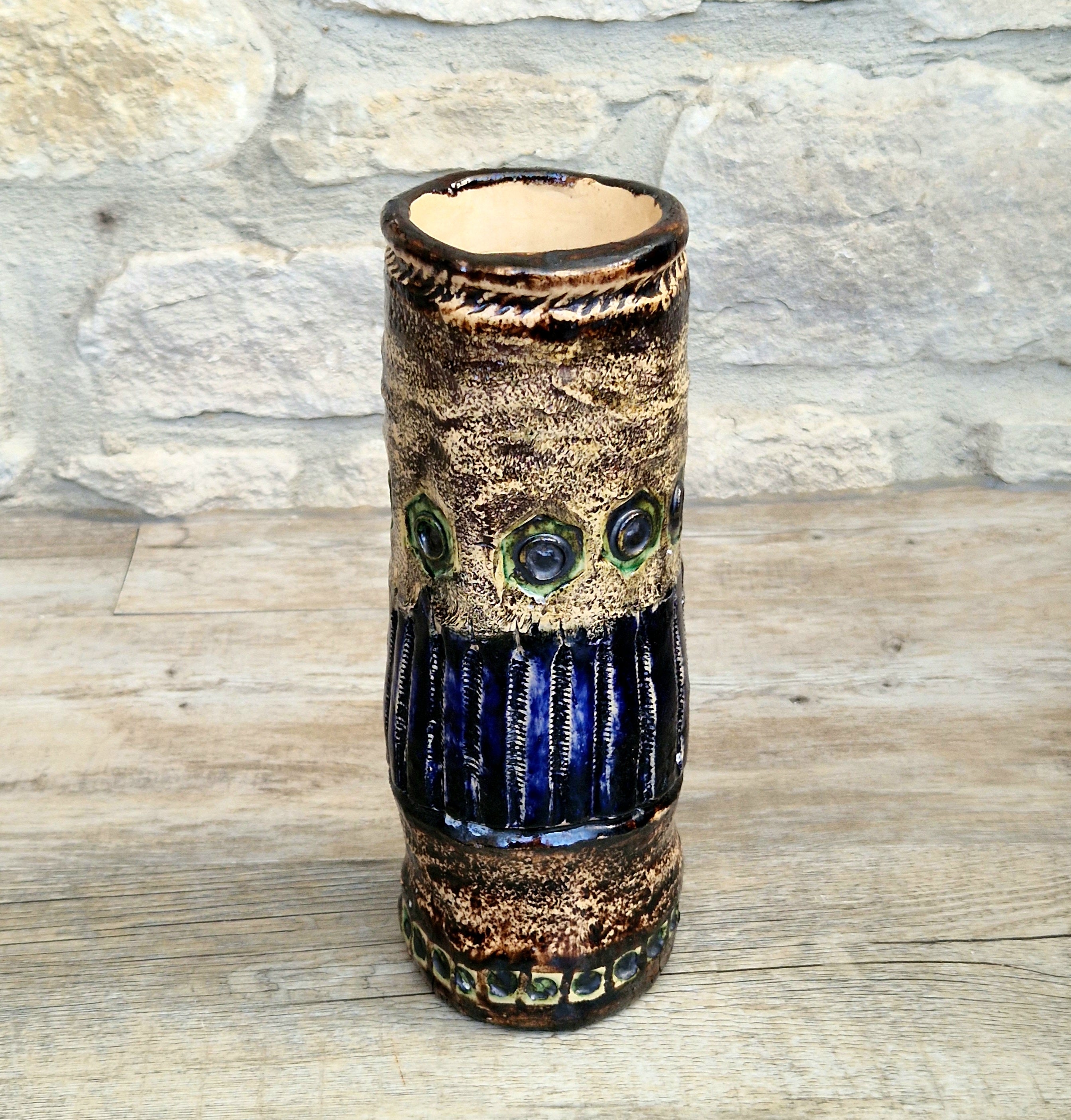 Vintage 1970s Cornish Brutalist Wheel Thrown Studio Pottery Blue Green Hexagon Medallion Ceramic Vase