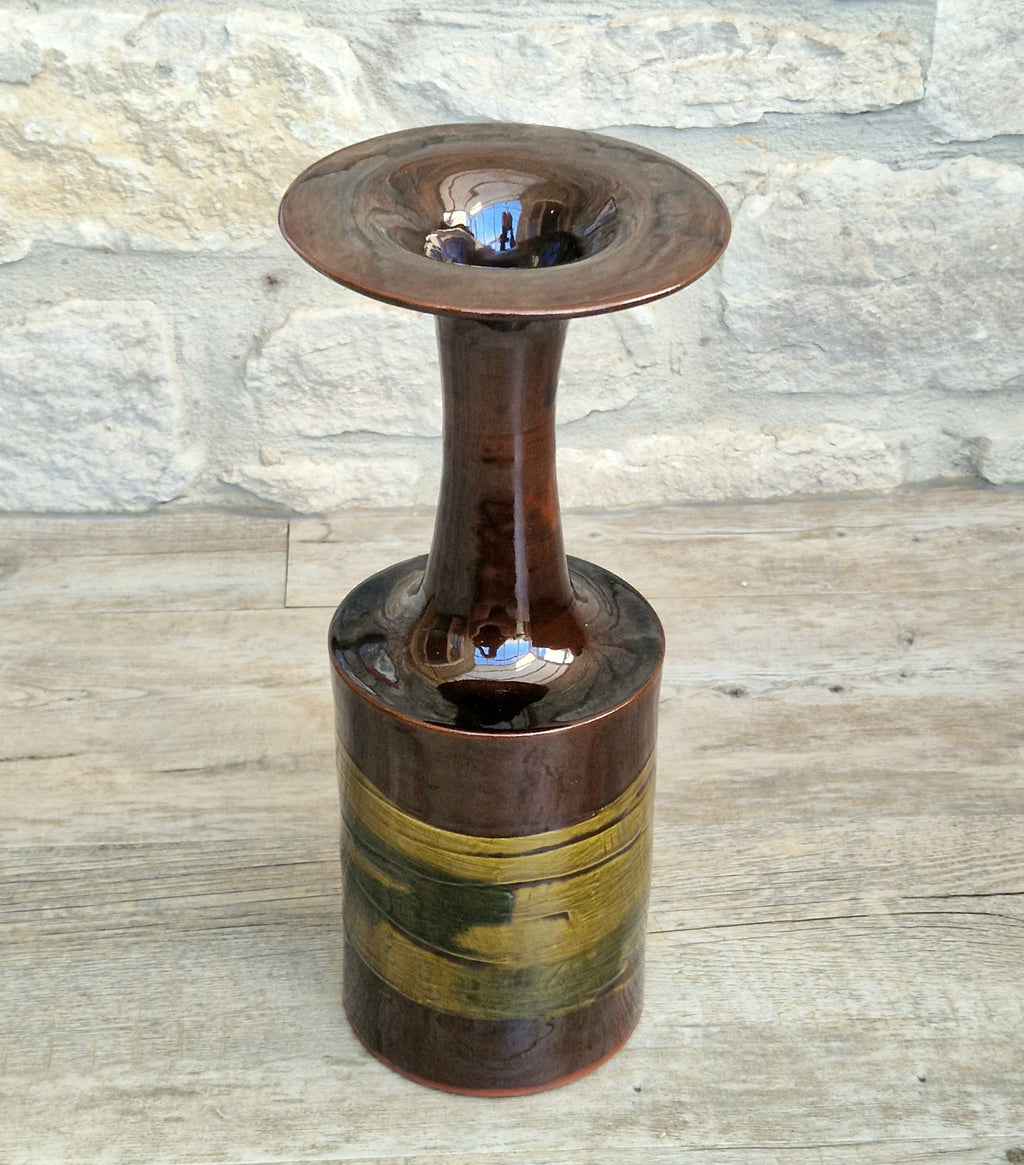 Vintage 1970s Studio Pottery Chalice Vase 32.5cm Terracotta Mid Century Modern Art Glaze