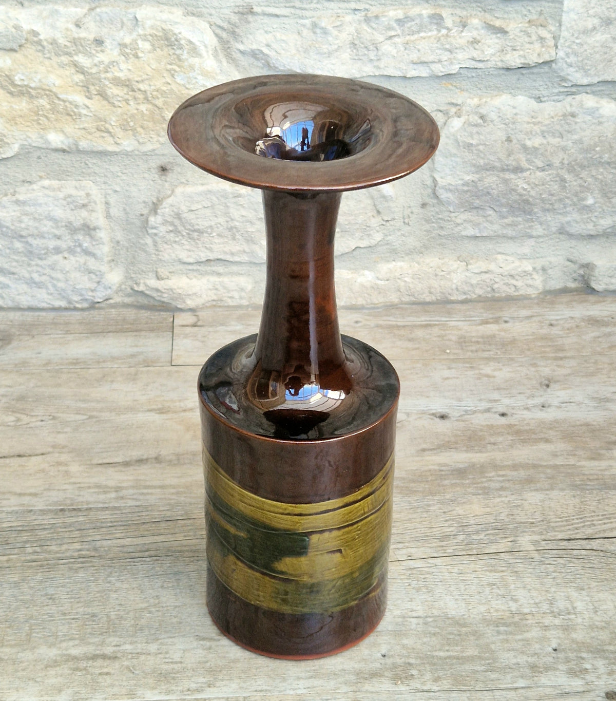Vintage 1970s Studio Pottery Chalice Vase 32.5cm Terracotta Mid Century Modern Art Glaze