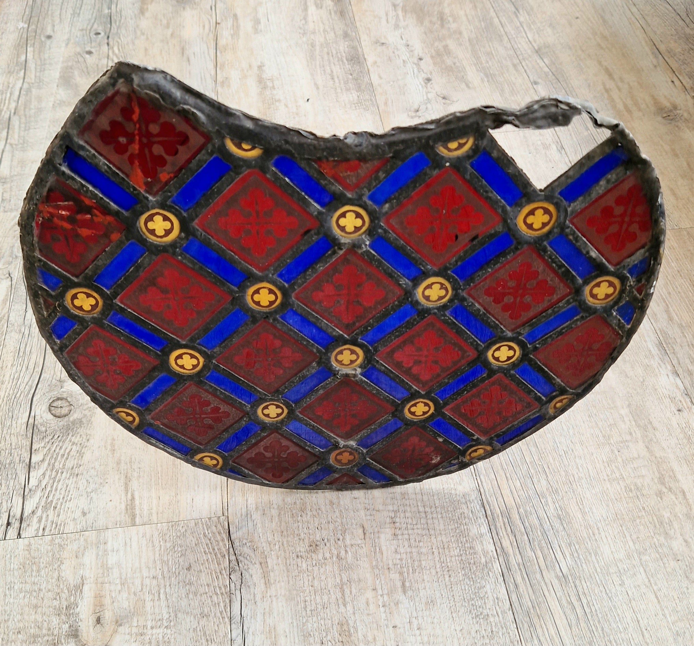 Rare Antique Early 19th Century French Gothic Revival Stained Glass Roundel Panel - Medieval Style Diaper Pattern