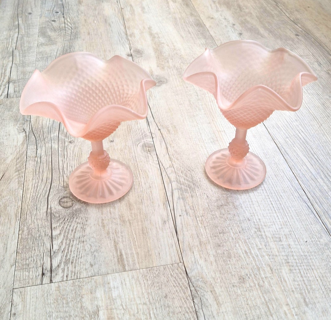 Vintage Pink Satin Glass Hobnail Pedestal Sundae Dessert Glasses Set of 2 Retro Dishes