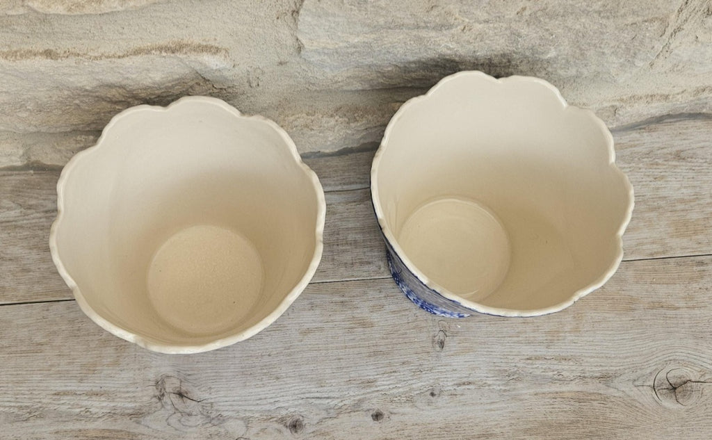 Vintage Pair Cache Pots Planters Blue & White Neoclassical Scalloped Edge Staffordshire Pottery England