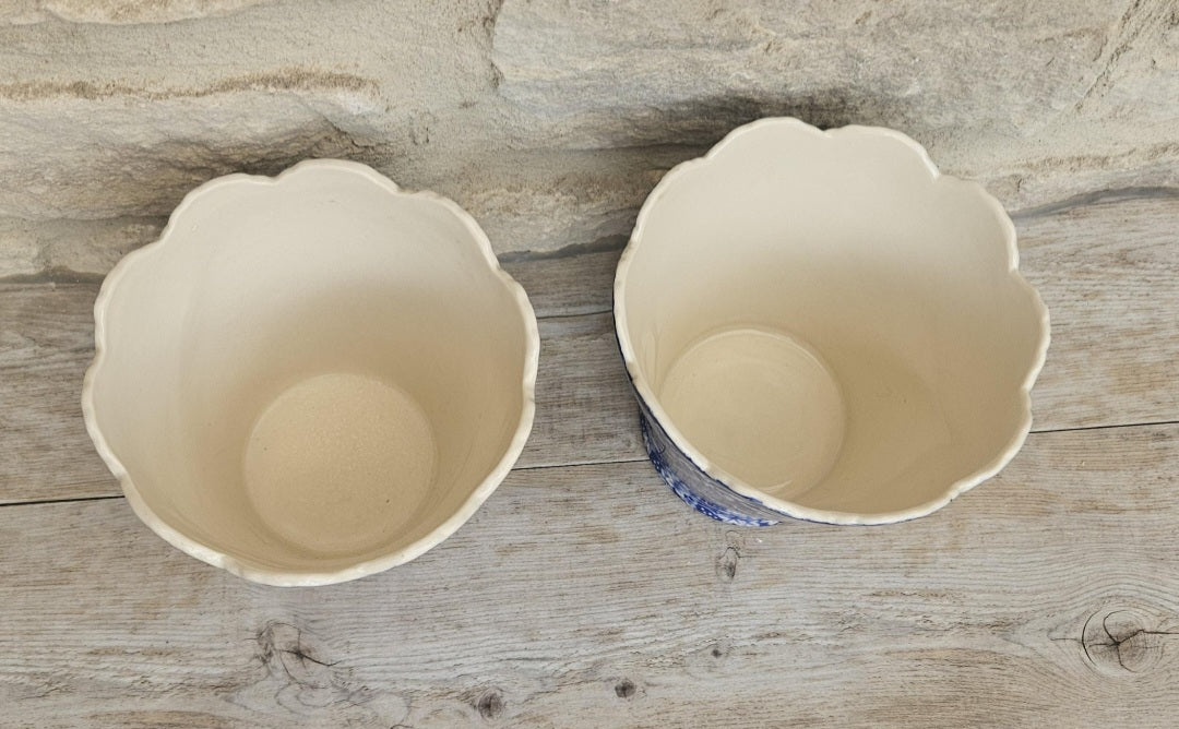 Vintage Pair Cache Pots Planters Blue & White Neoclassical Scalloped Edge Staffordshire Pottery England