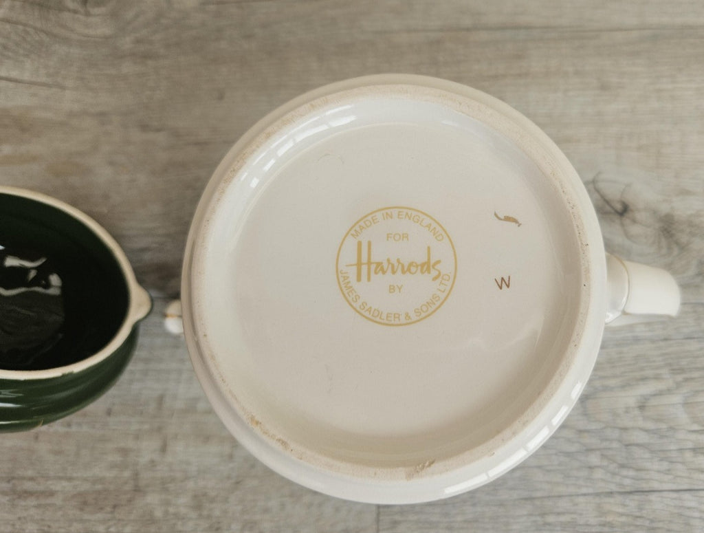 Vintage Harrods Teapot Green & Gold Doormen Motif, James Sadler England Harrods Logo