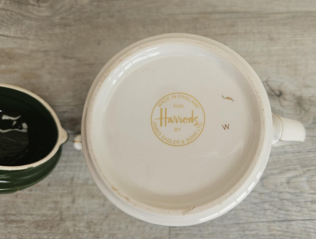 Vintage Harrods Teapot Green & Gold Doormen Motif, James Sadler England Harrods Logo