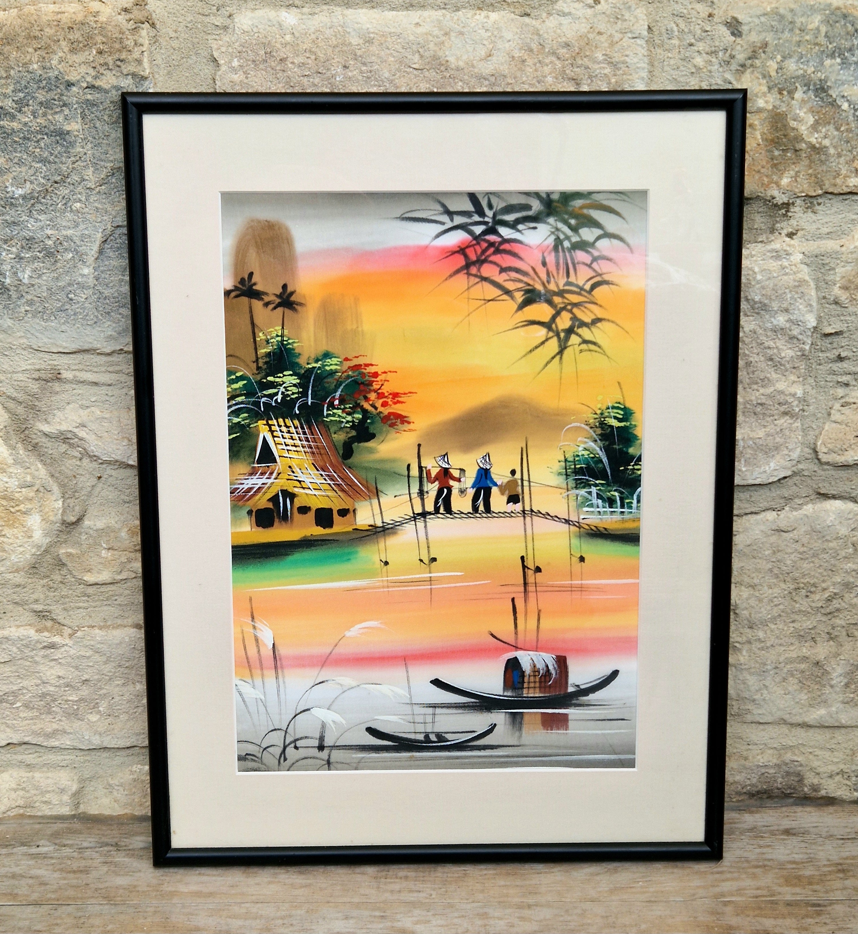 Vietnamese Silk Painting Framed Sunset River Scene Art Designed Traditional Asian Vintage Wall Decor