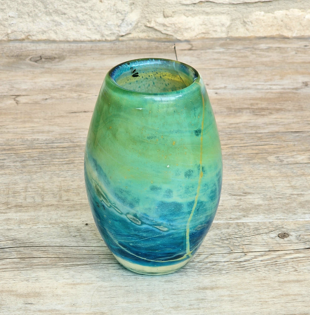 Vintage Mdina Maltese Art Glass Tiger Vase 16cm Signed Mid Century Blue Green 1kg