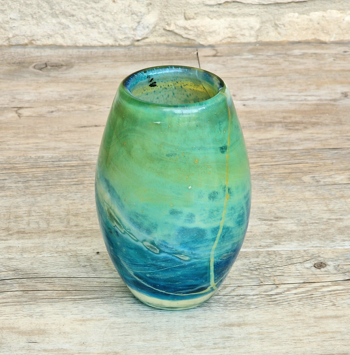 Vintage Mdina Maltese Art Glass Tiger Vase 16cm Signed Mid Century Blue Green 1kg