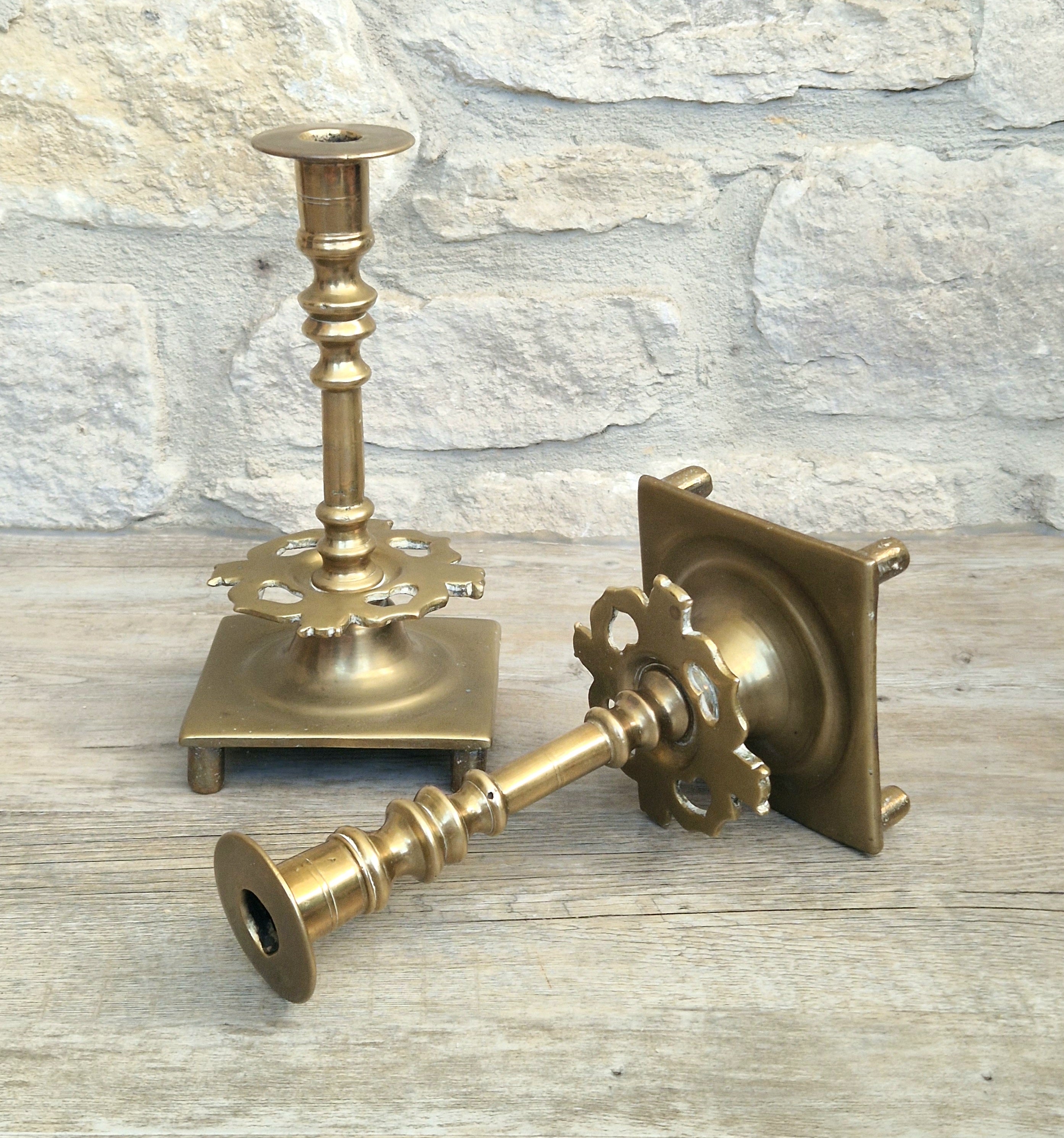 18th Century Solid Turned Brass Russian Sabbat Candle Holder Sticks Very Rare
