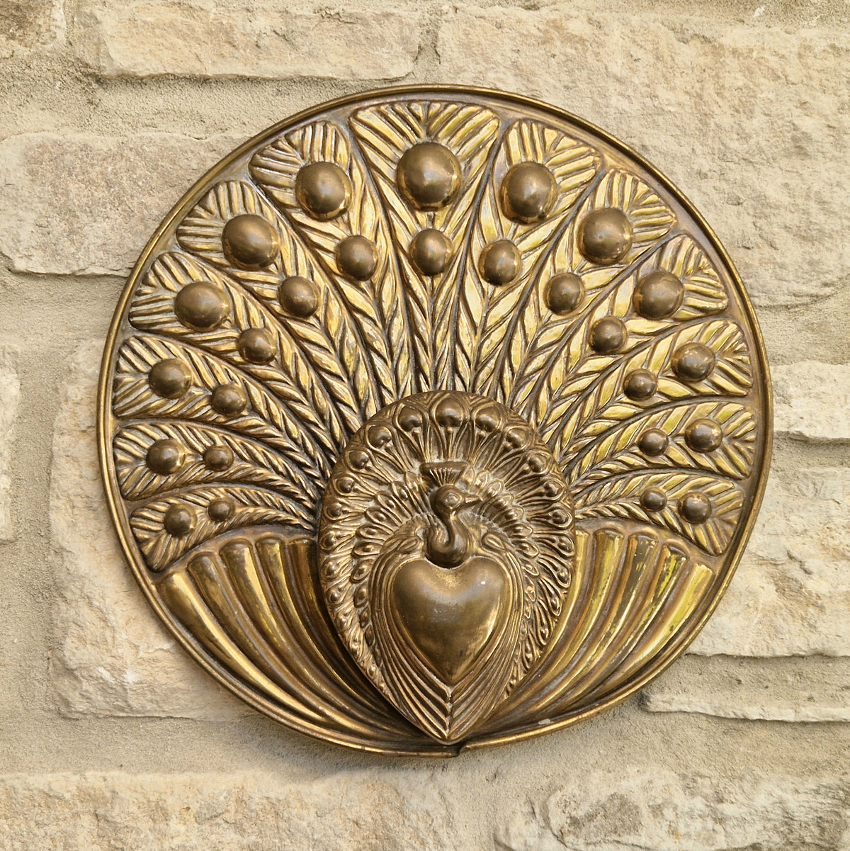 Rare Signed George Johnson Brass Peacock Wall Pocket Plaque 29cm Victorian Arts and Crafts 1880s