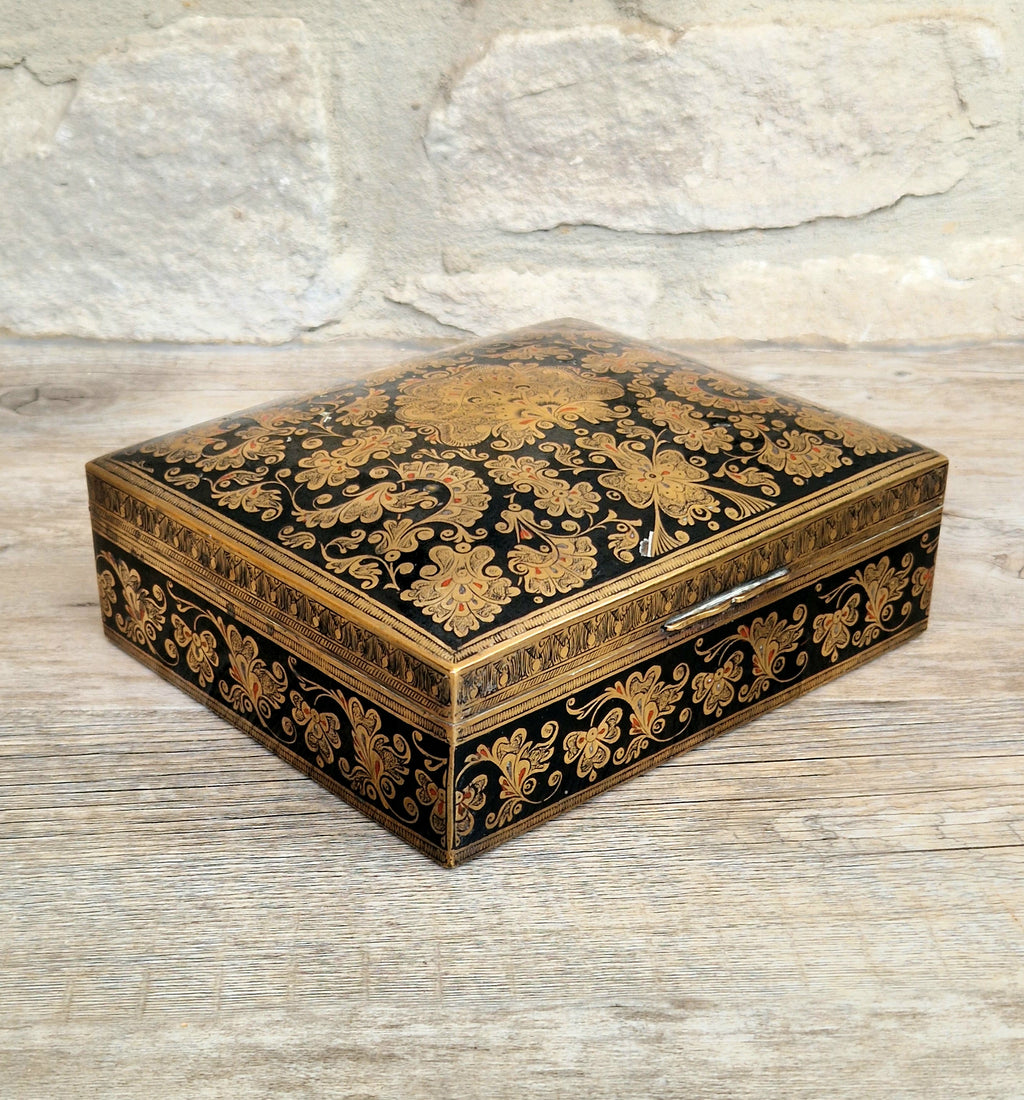 Vintage Brass Black Enamelled Large Ornate Teak-Lined Desk Cigar Box