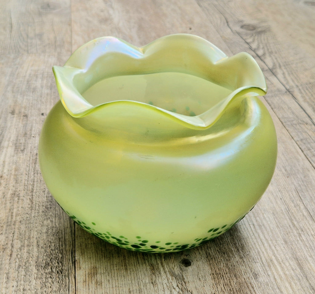 Antique Late 19th Century Bohemian Art Glass Vase, Loetz-Heckert Tradition, Iridescent Yellow Green, Rare Cabinet Vase