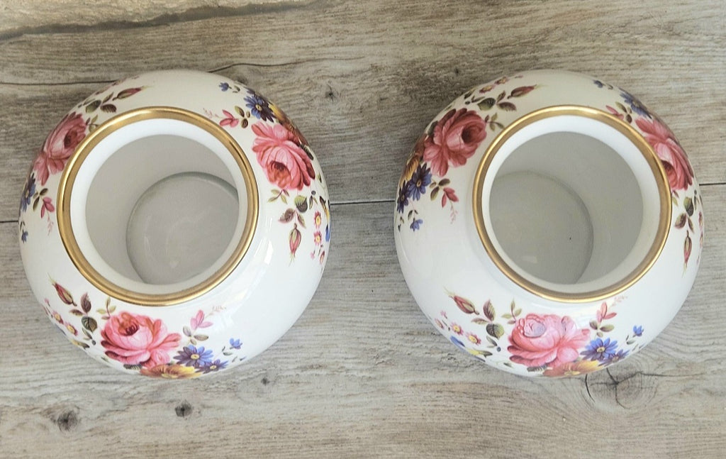 English Pair Mantle Vases Hand Painted Bone China Floral Caverswall Stoke on Trent England 11cm