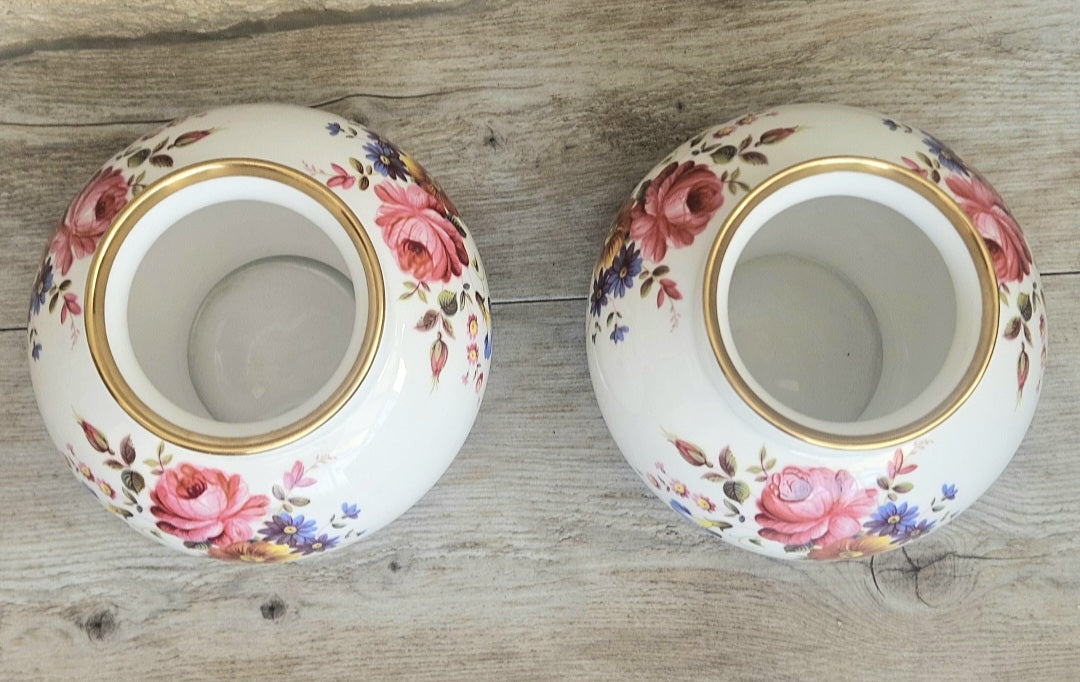 English Pair Mantle Vases Hand Painted Bone China Floral Caverswall Stoke on Trent England 11cm