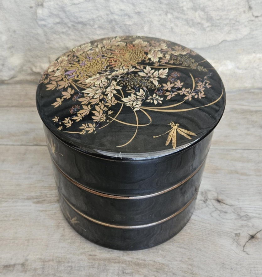 Japanese 3 Tiered Porcelain Lidded Box Butterfly Flowers Shibata Toki Vintage