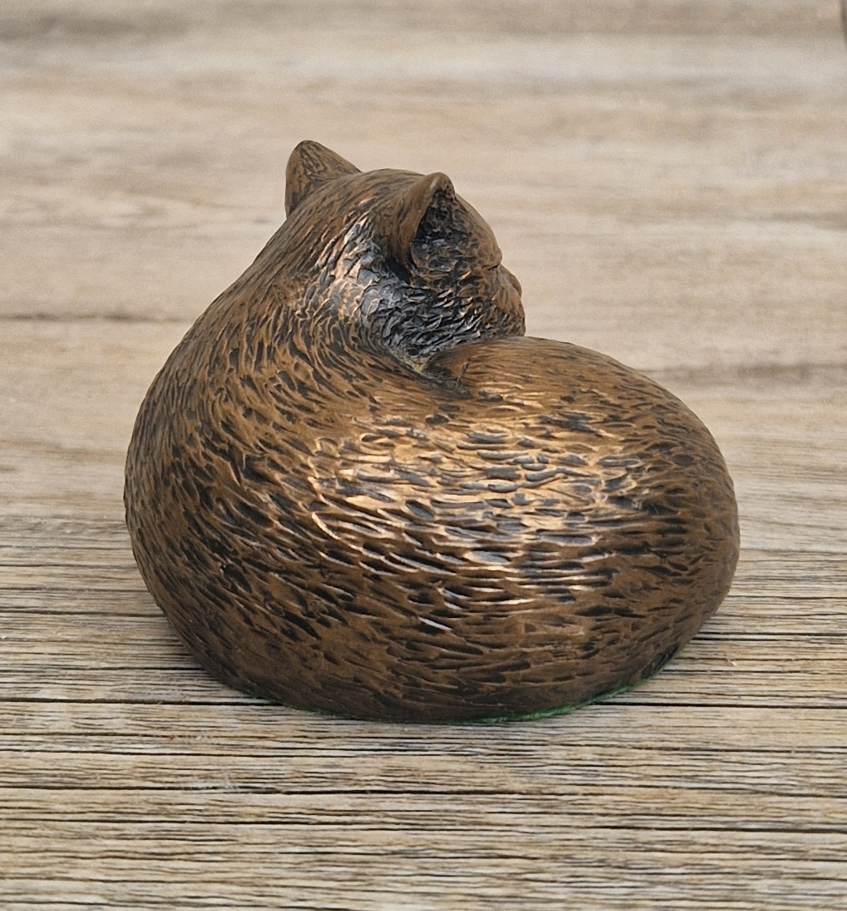 Cat Cold Cast Bronze Resin Curled Licking Figure Vintage Ornament