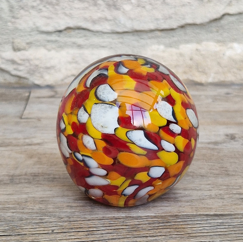 Vintage Orange, Red & White Speckled Mdina Art Glass Ball Paperweight Signed