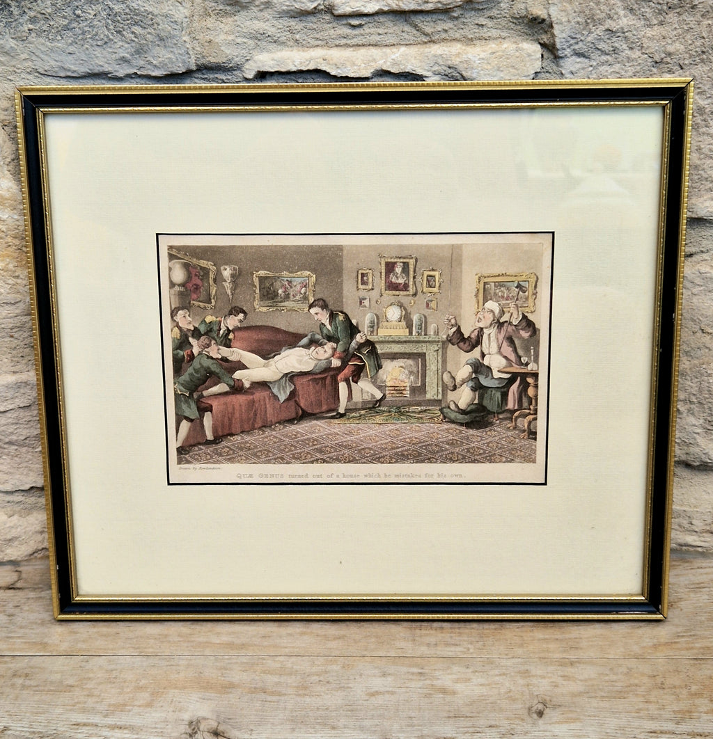 Thomas Rowlandson Lithograph Print 'Quae Genus turned out of a house which he mistakes for his own' Framed Wall Art
