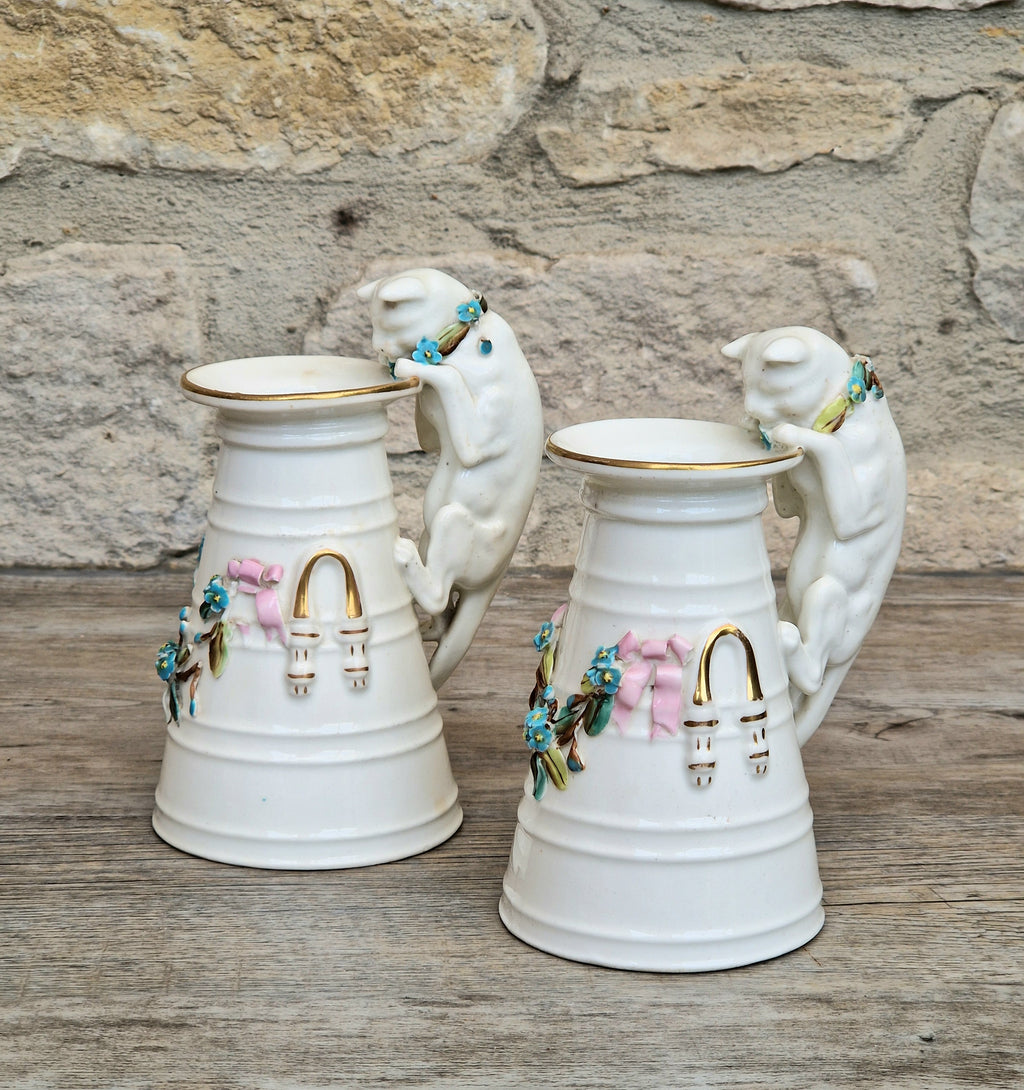 Antique Copeland Porcelain Cat Cream Churn Vases Pair Floral Applied Flowers Gilt 19th Century