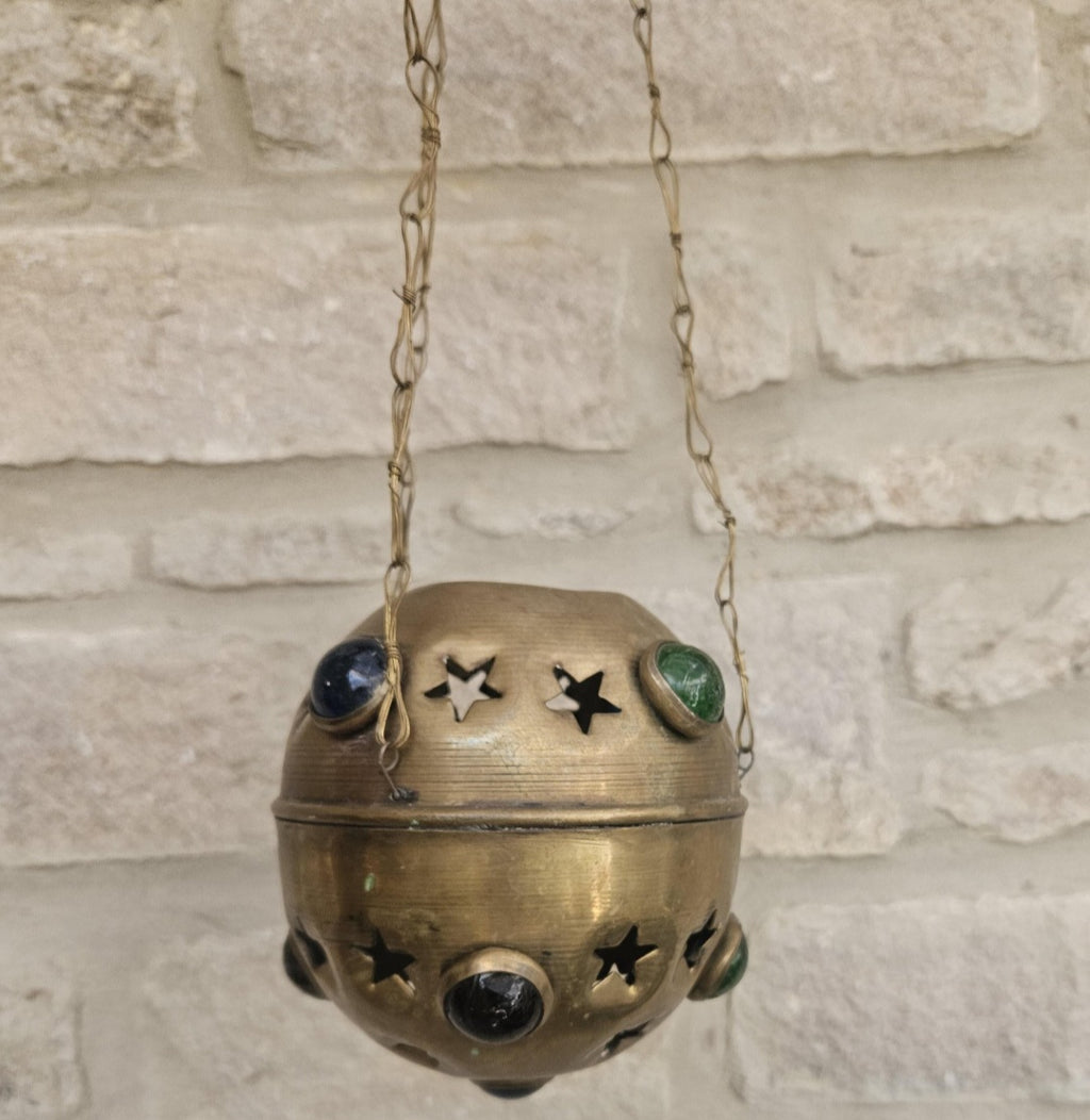 Vintage Pierced Brass Hanging Lantern with cabouchon verdigris Bohemian Moroccan