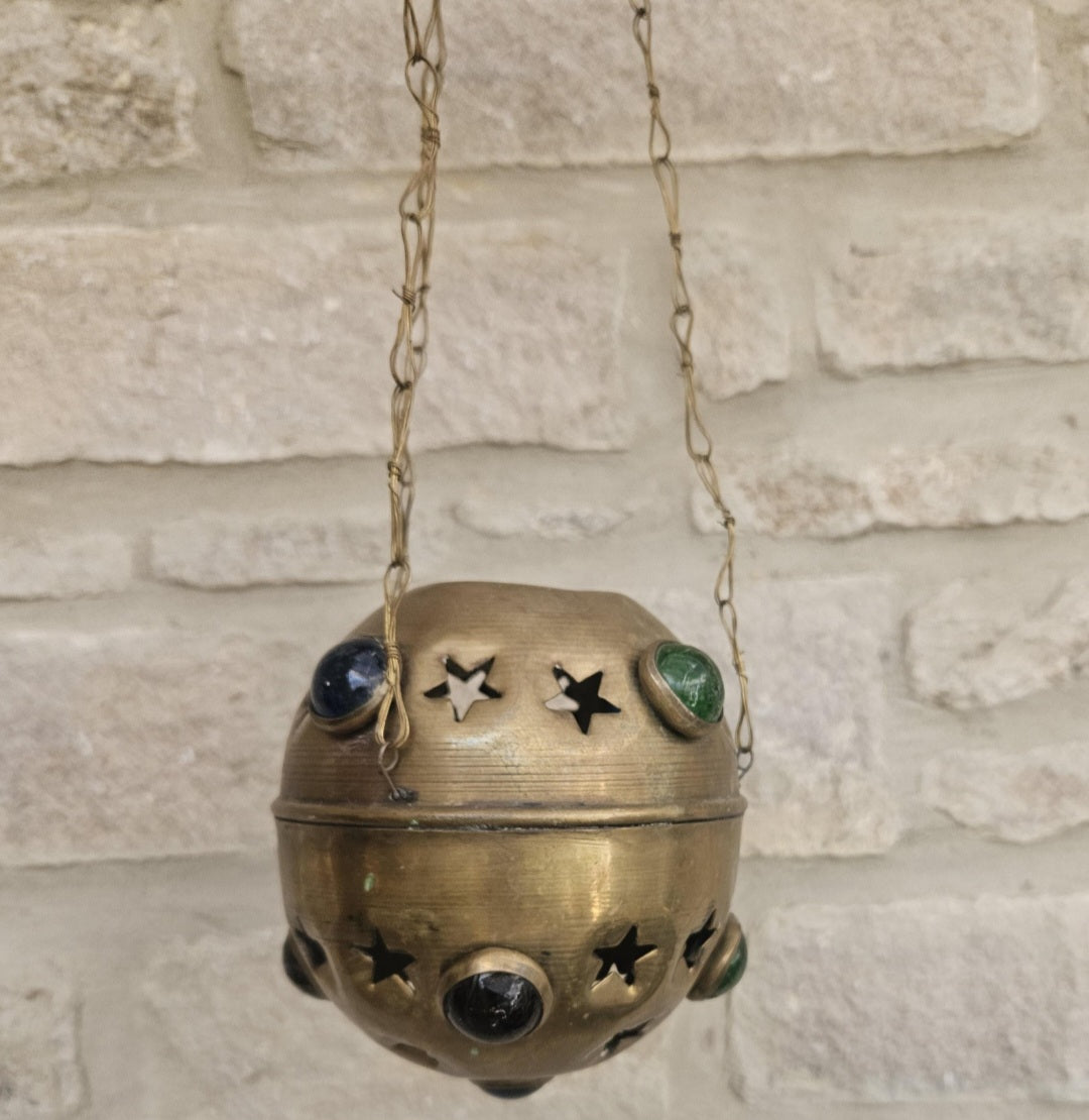 Vintage Pierced Brass Hanging Lantern with cabouchon verdigris Bohemian Moroccan