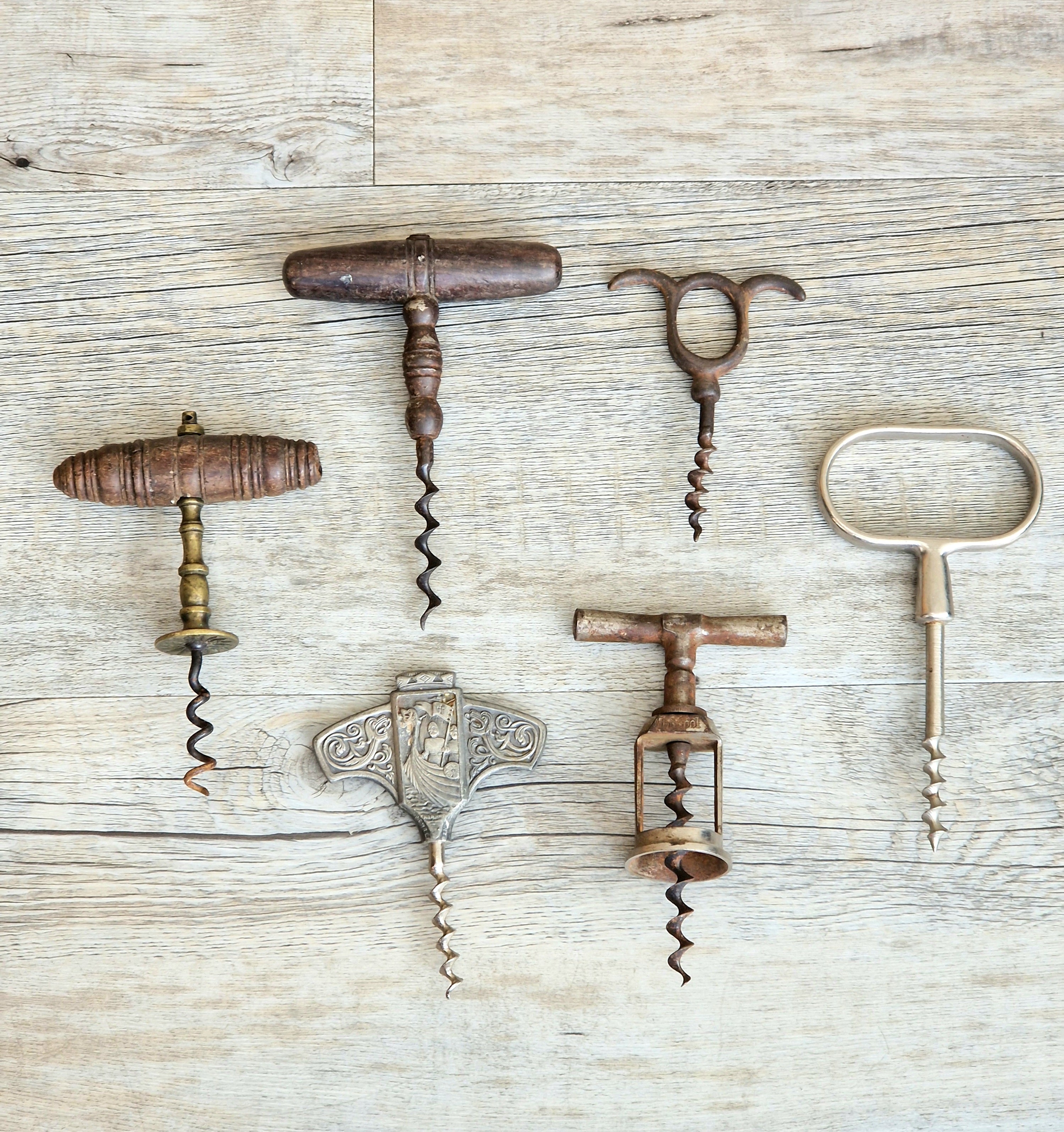 Antique Corkscrew Collection Lot Vintage T Handle Cellar Barware Openers x 6 Bar Decor