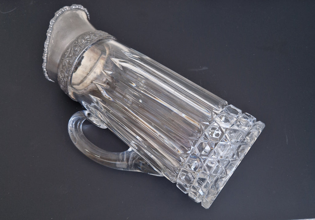 English Heavy Cut Glass & Pewter Water Pitcher Circa 1890 Antique Crystal