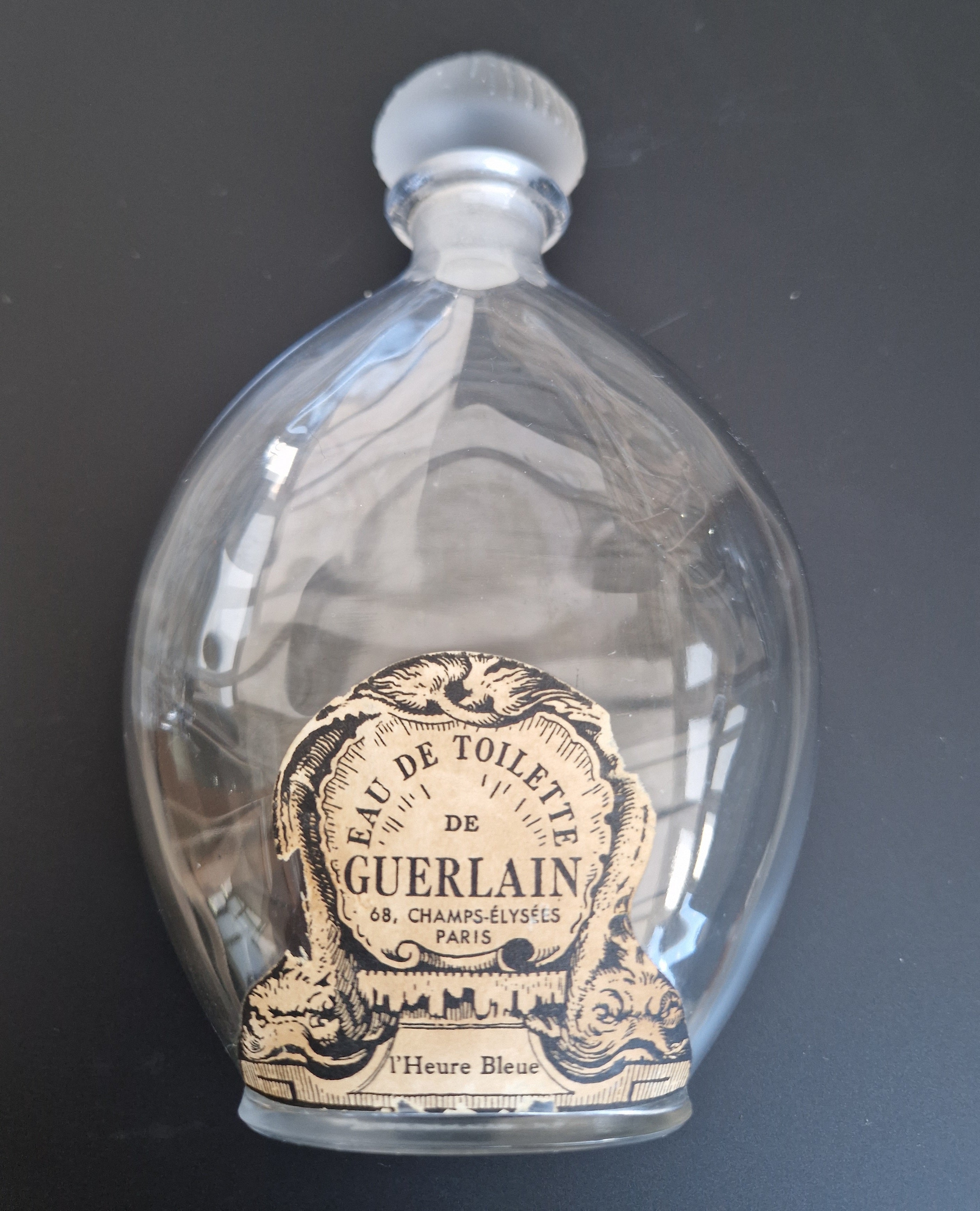 Guerlain Glass Perfume Bottle Dolphin Paper Label Frosted Stopper L'Heure Bleue 'Flacon Goutte' Empty 16.5cm