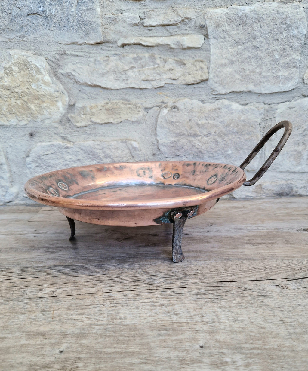 18th - 19th Century Copper & Iron Handle French Tripod Footed Tart Pan Rare Antique Kitchenalia