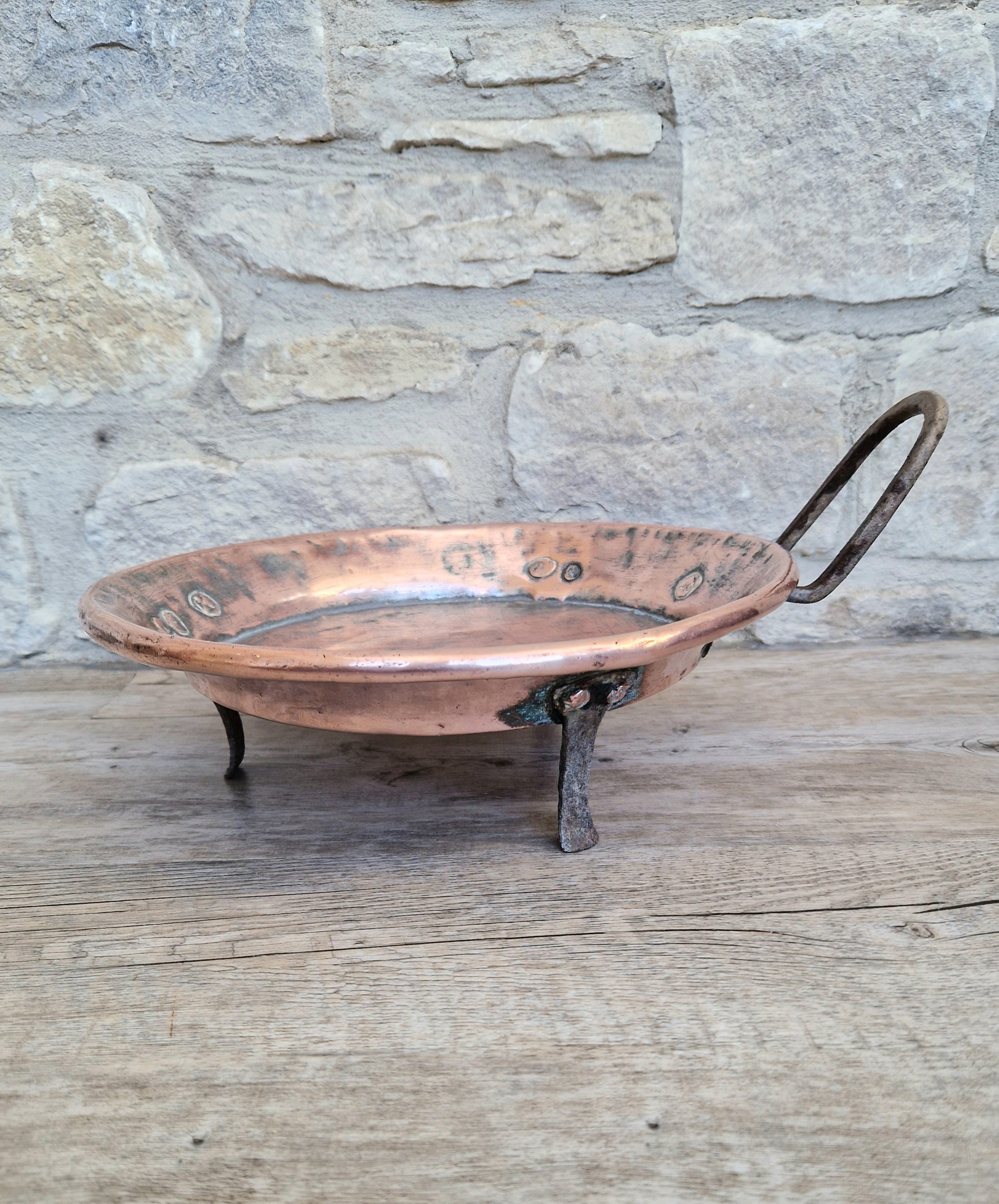 18th - 19th Century Copper & Iron Handle French Tripod Footed Tart Pan Rare Antique Kitchenalia