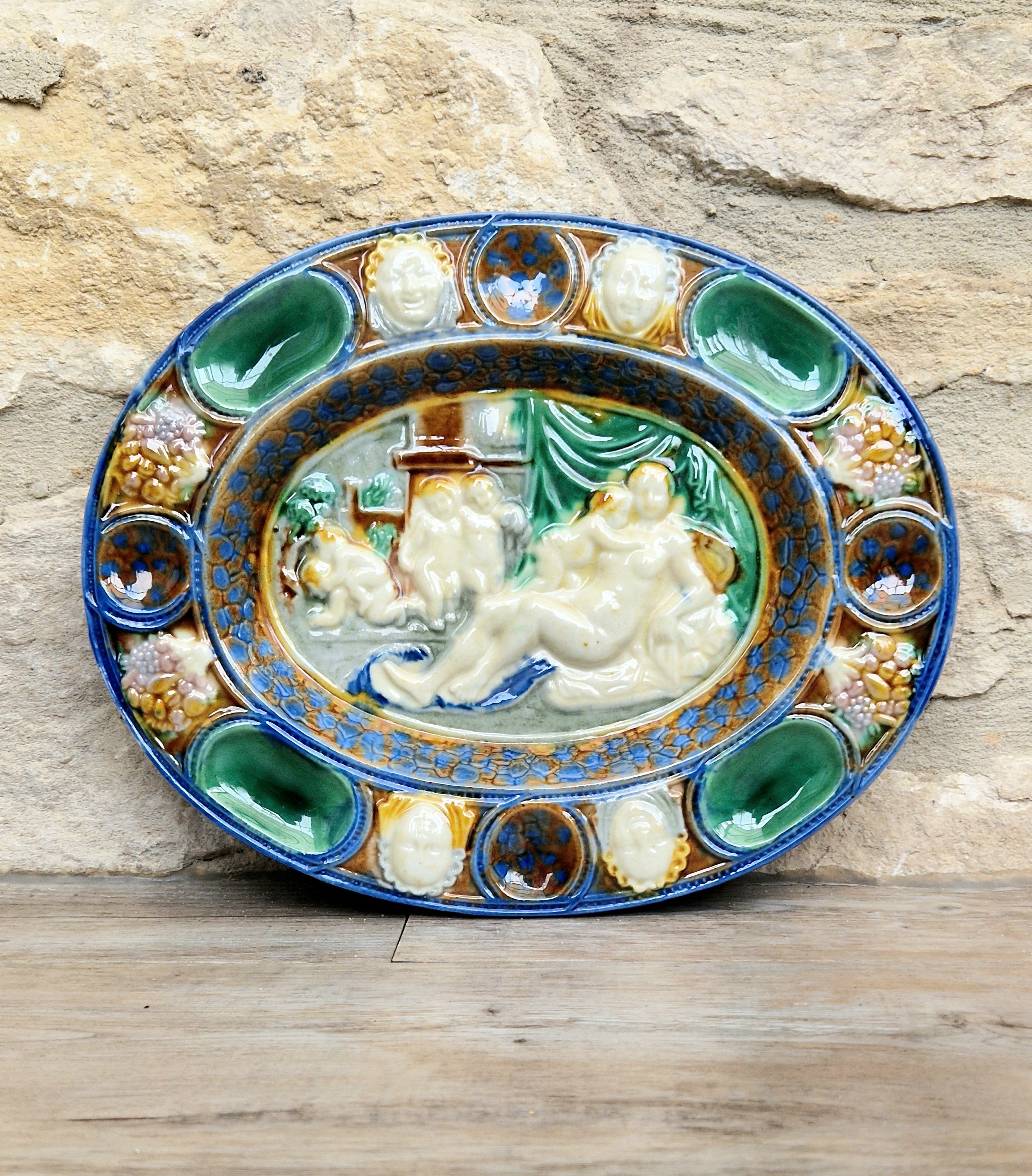Antique Majolica Neoclassical Oval Serving Dish With Decorative Putti & Masks