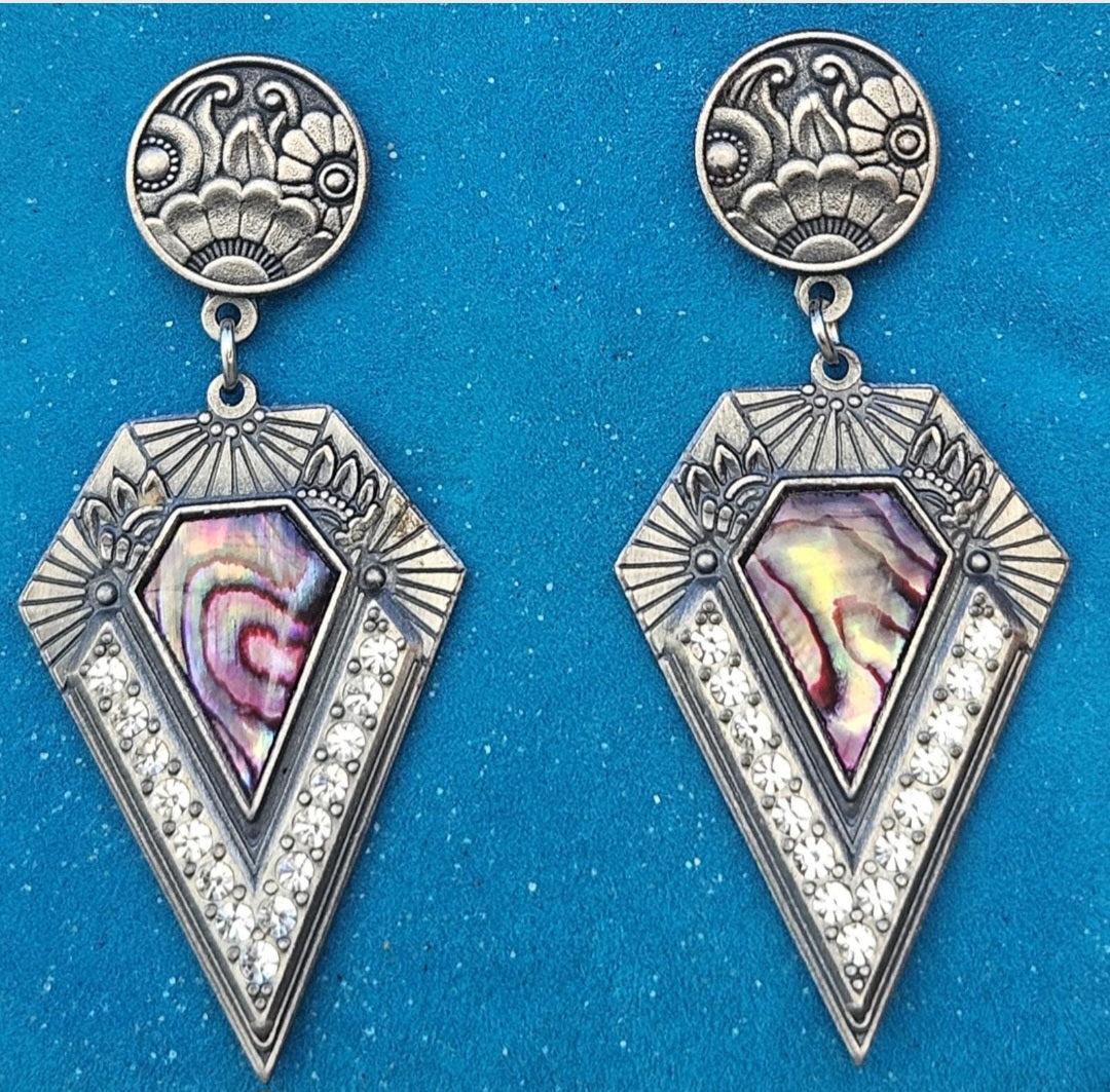 Vintage Art Deco Style Earrings Duri Drop Dangle Stamped 1980s Pewter.